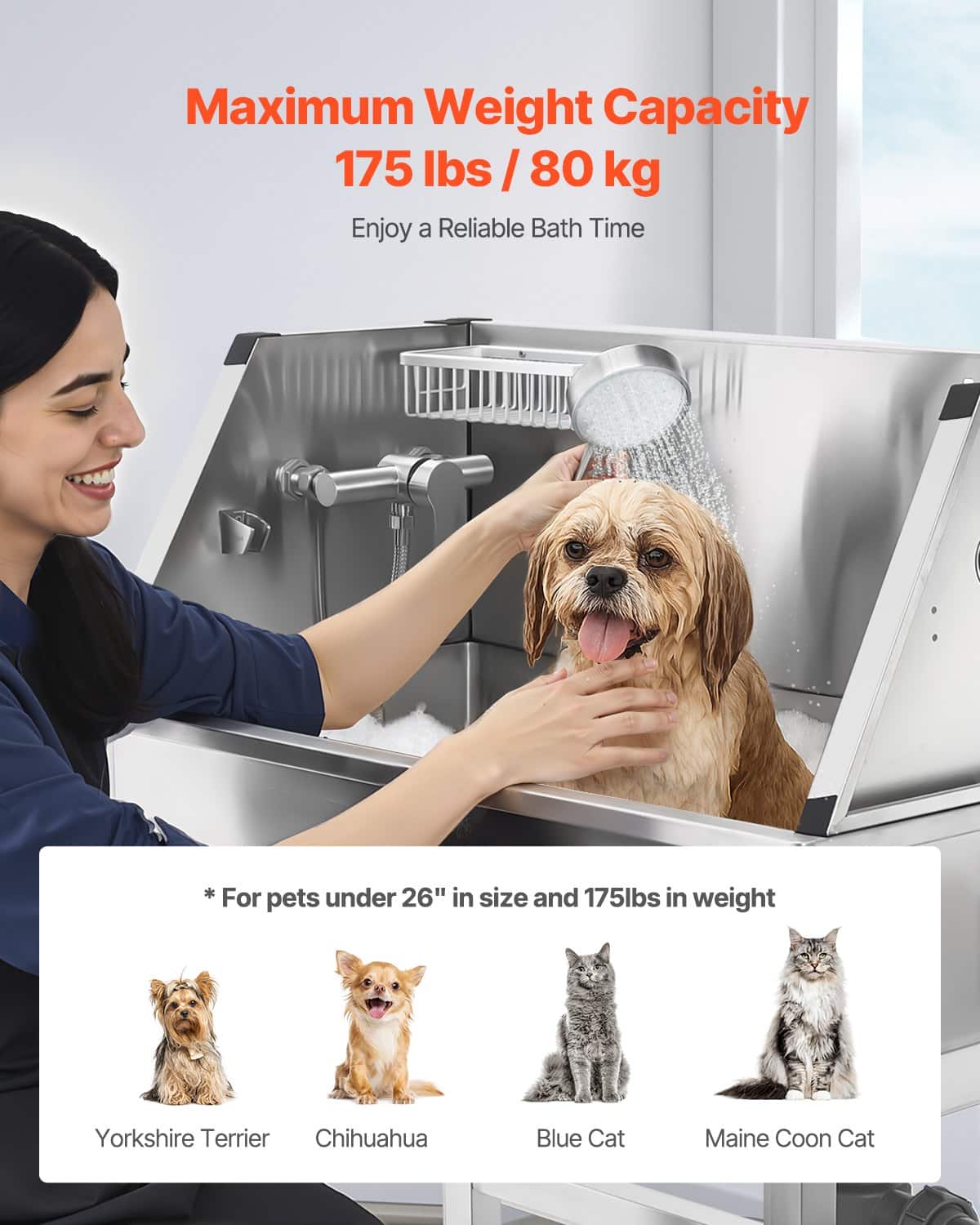VEVOR 86 cm Stainless Steel Pet Washing Station with Showerhead, Hot & Cold Faucet, Grooming Tub for Small Dogs & Cats — изображение 4