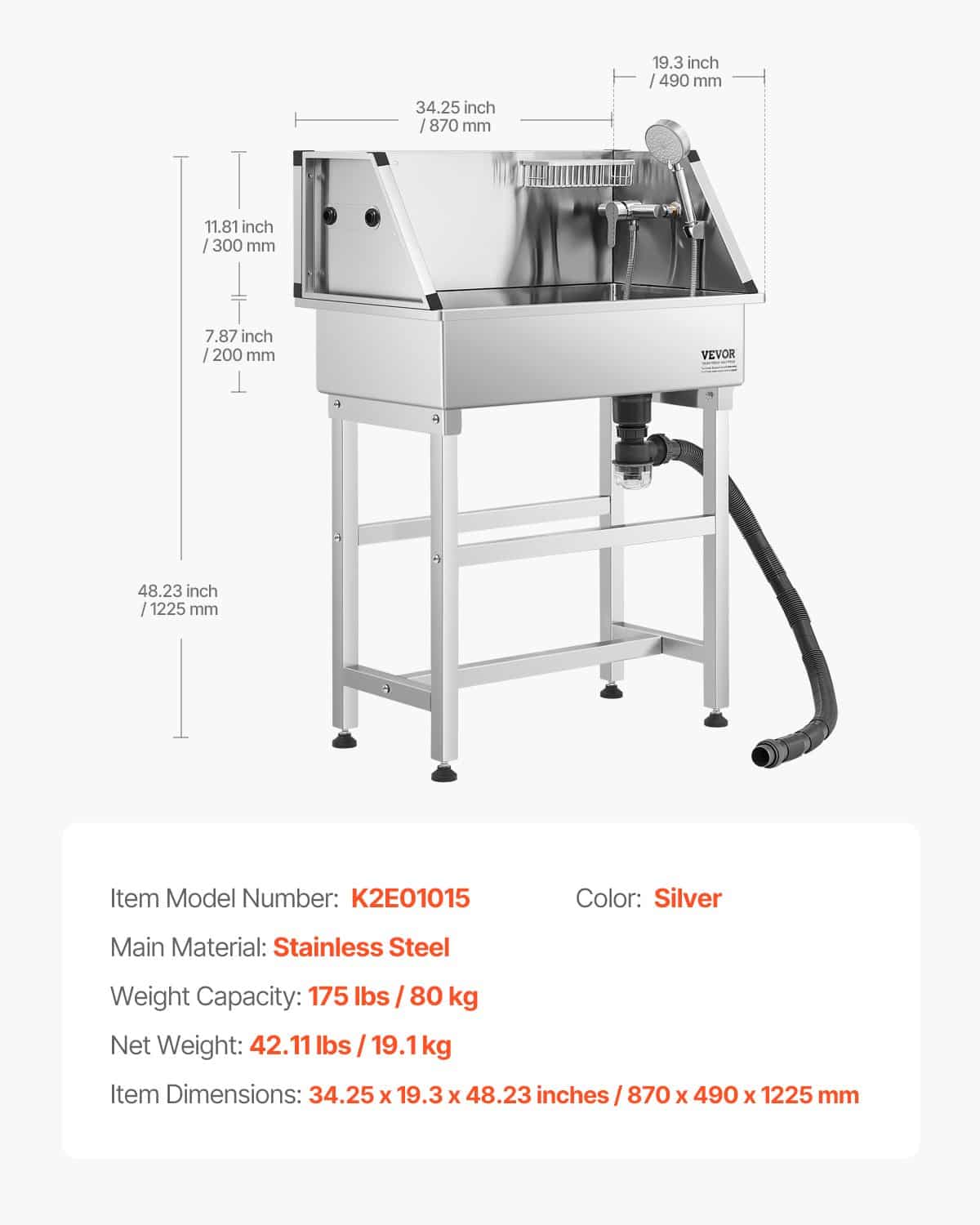 VEVOR 86 cm Stainless Steel Pet Washing Station with Showerhead, Hot & Cold Faucet, Grooming Tub for Small Dogs & Cats — изображение 7