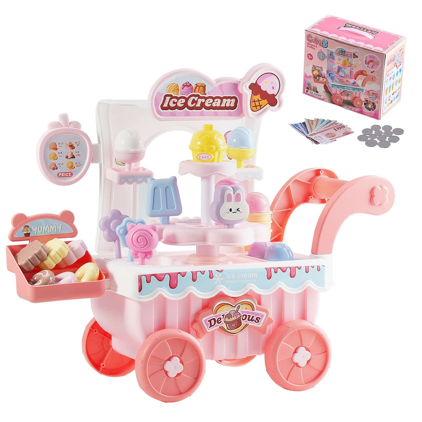 VEVOR Kids Ice Cream Cart Toy, 27 PCS Pretend Play Set with Lights, Sounds & Storage, Montessori Gift for Toddlers 3+ (Pink)