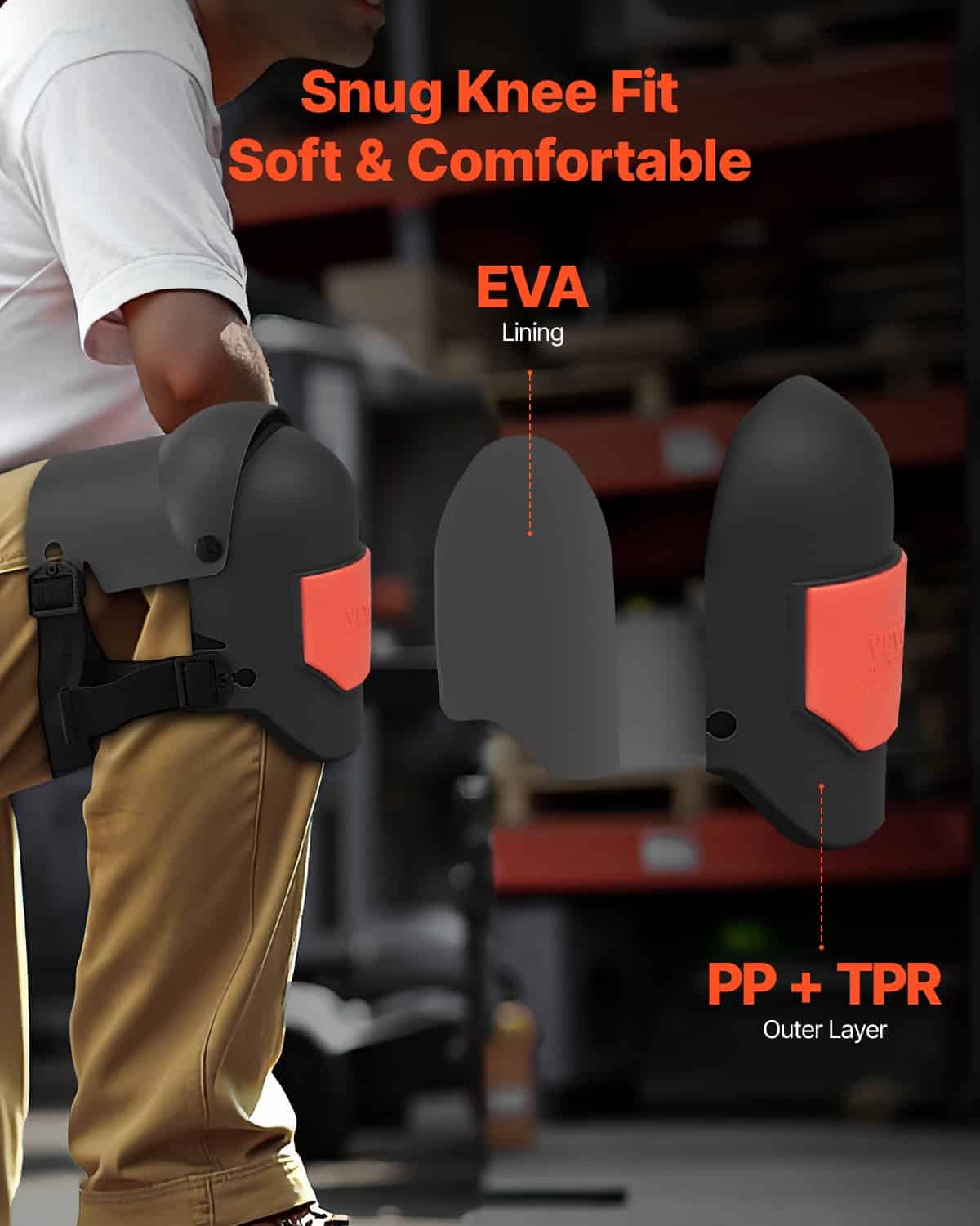 VEVOR Extra Thick Work Knee Pads with Foam Cushion, Adjustable, Anti-Slip, for Construction, Gardening, Flooring - Black/Orange - Image 2
