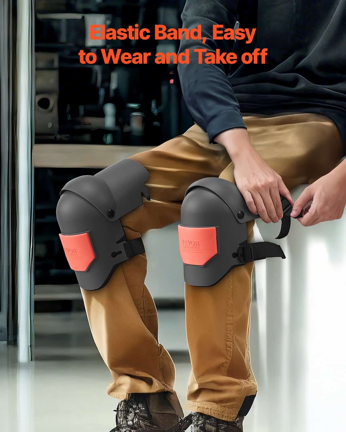VEVOR Extra Thick Work Knee Pads with Foam Cushion, Adjustable, Anti-Slip, for Construction, Gardening, Flooring - Black/Orange - Image 6
