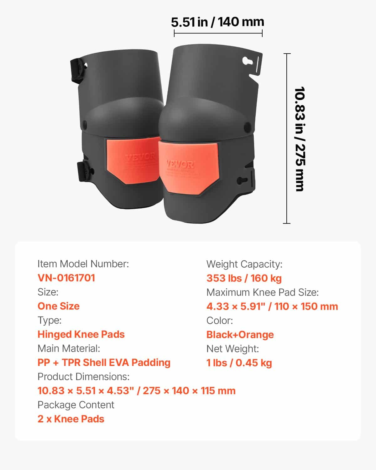 VEVOR Extra Thick Work Knee Pads with Foam Cushion, Adjustable, Anti-Slip, for Construction, Gardening, Flooring - Black/Orange - Image 7
