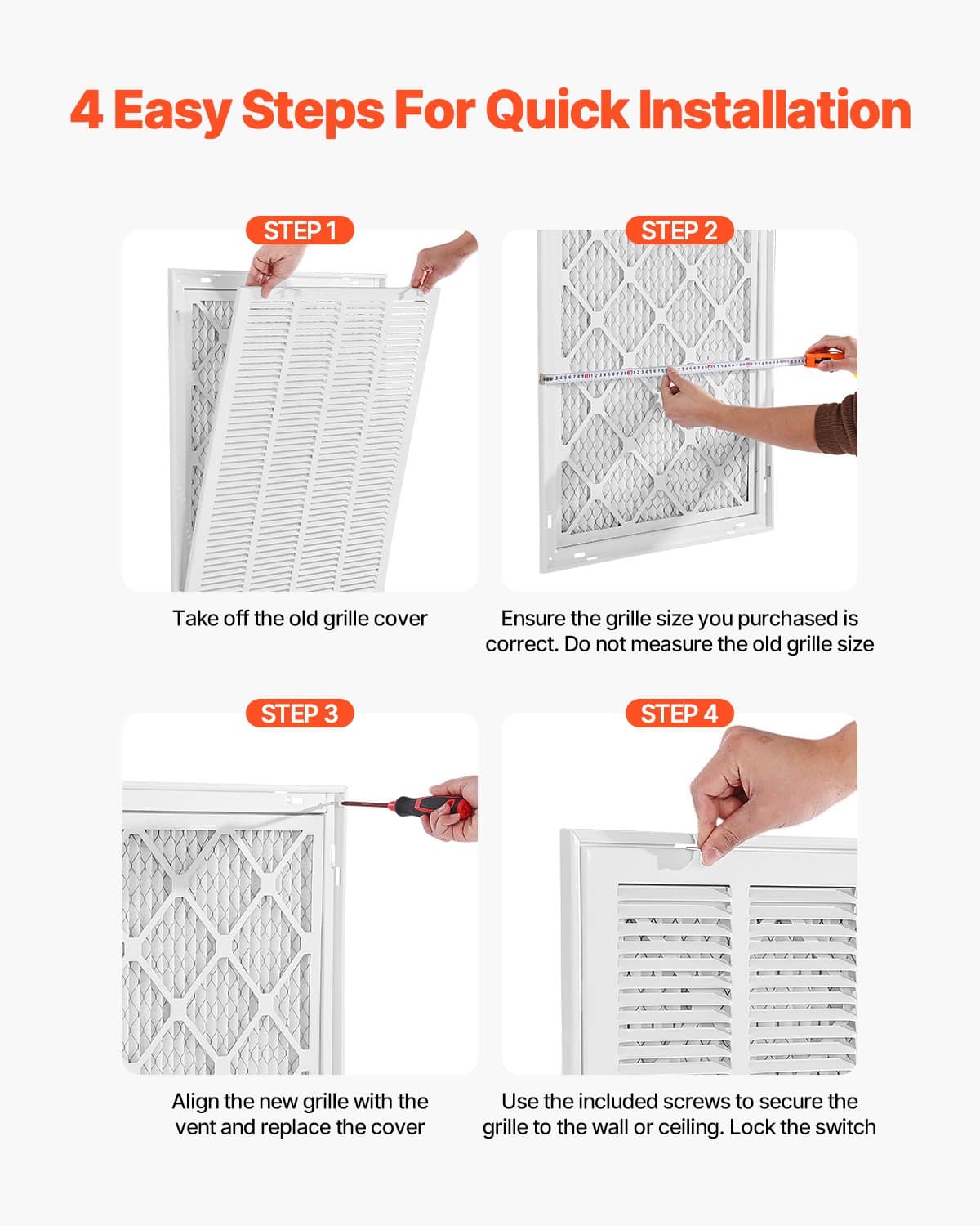 VEVOR Return Air Filter Grille 51x64cm with Filter, Powder-Coated Steel Vent Cover for Wall, Detachable Face for 2.5cm Filters — изображение 5