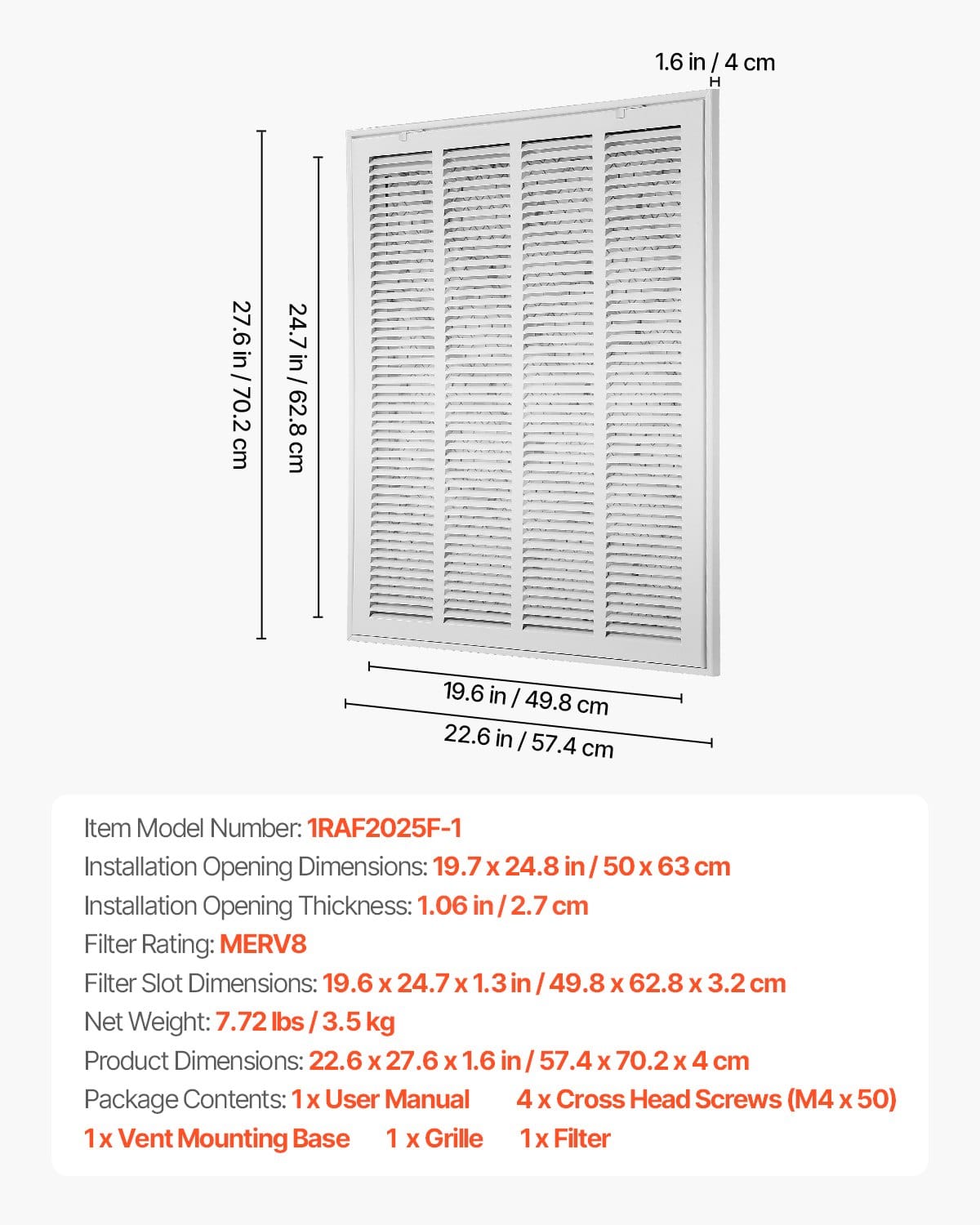 VEVOR Return Air Filter Grille 51x64cm with Filter, Powder-Coated Steel Vent Cover for Wall, Detachable Face for 2.5cm Filters — изображение 7