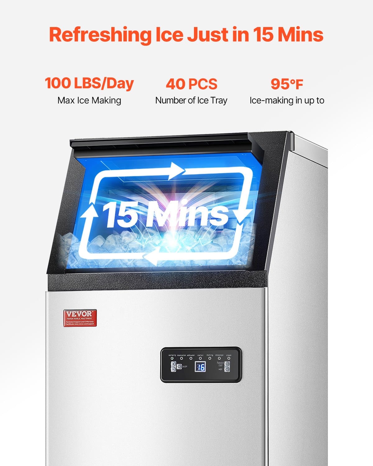 VEVOR Commercial Ice Maker 45kg/24H, 36 Cubes in 15min, 13kg Storage, Freestanding, LED Display, Self-Cleaning for Bar/Office — attēls 2