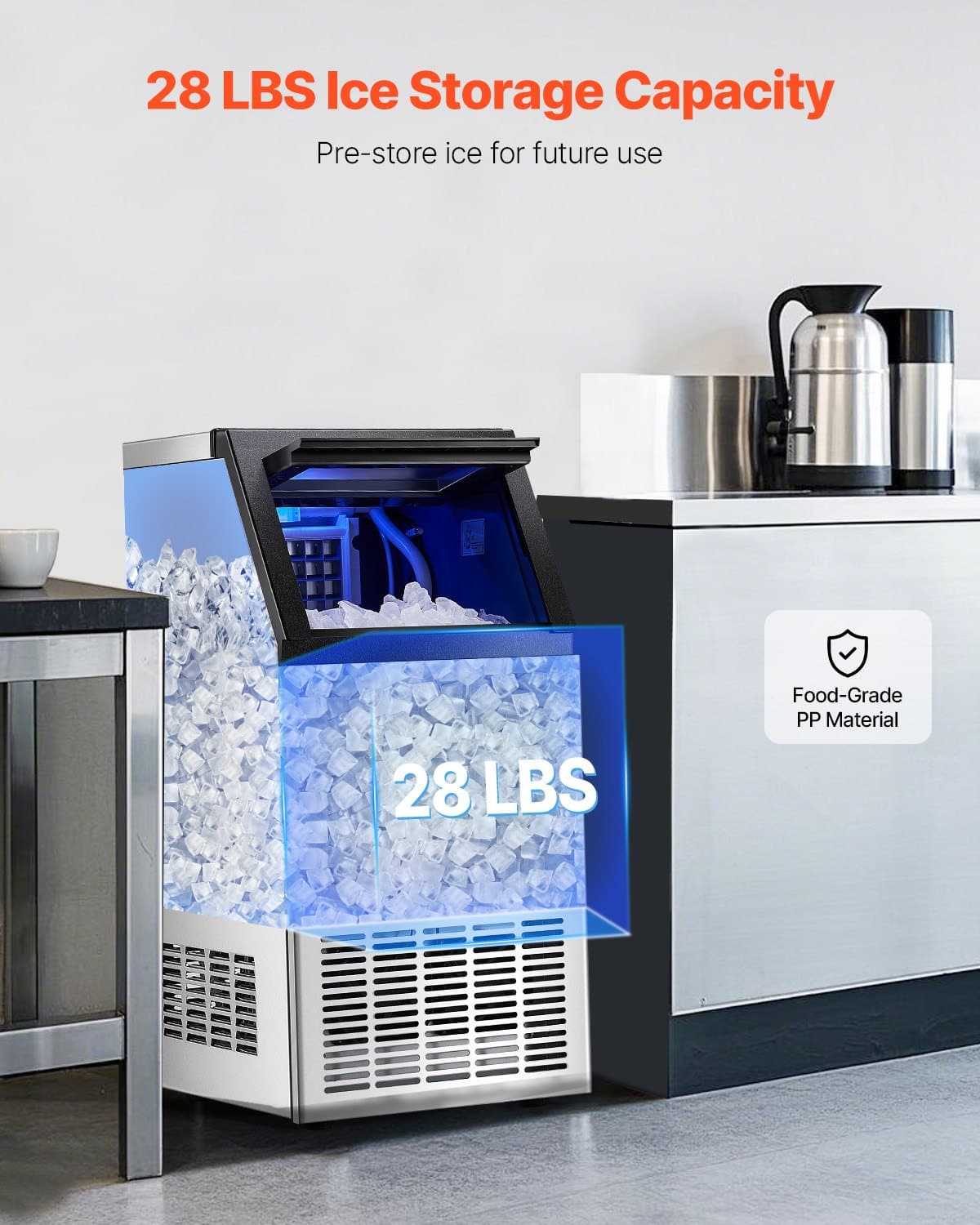 VEVOR Commercial Ice Maker 45kg/24H, 36 Cubes in 15min, 13kg Storage, Freestanding, LED Display, Self-Cleaning for Bar/Office — attēls 3