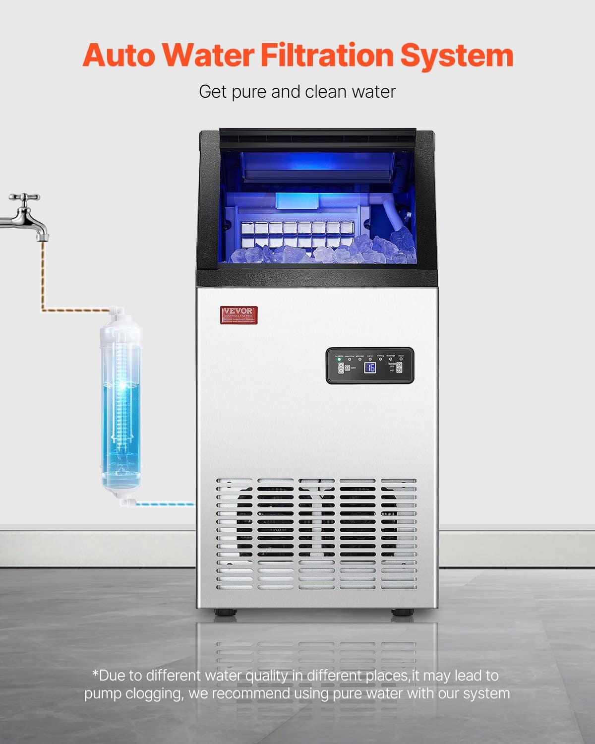 VEVOR Commercial Ice Maker 45kg/24H, 36 Cubes in 15min, 13kg Storage, Freestanding, LED Display, Self-Cleaning for Bar/Office — attēls 5