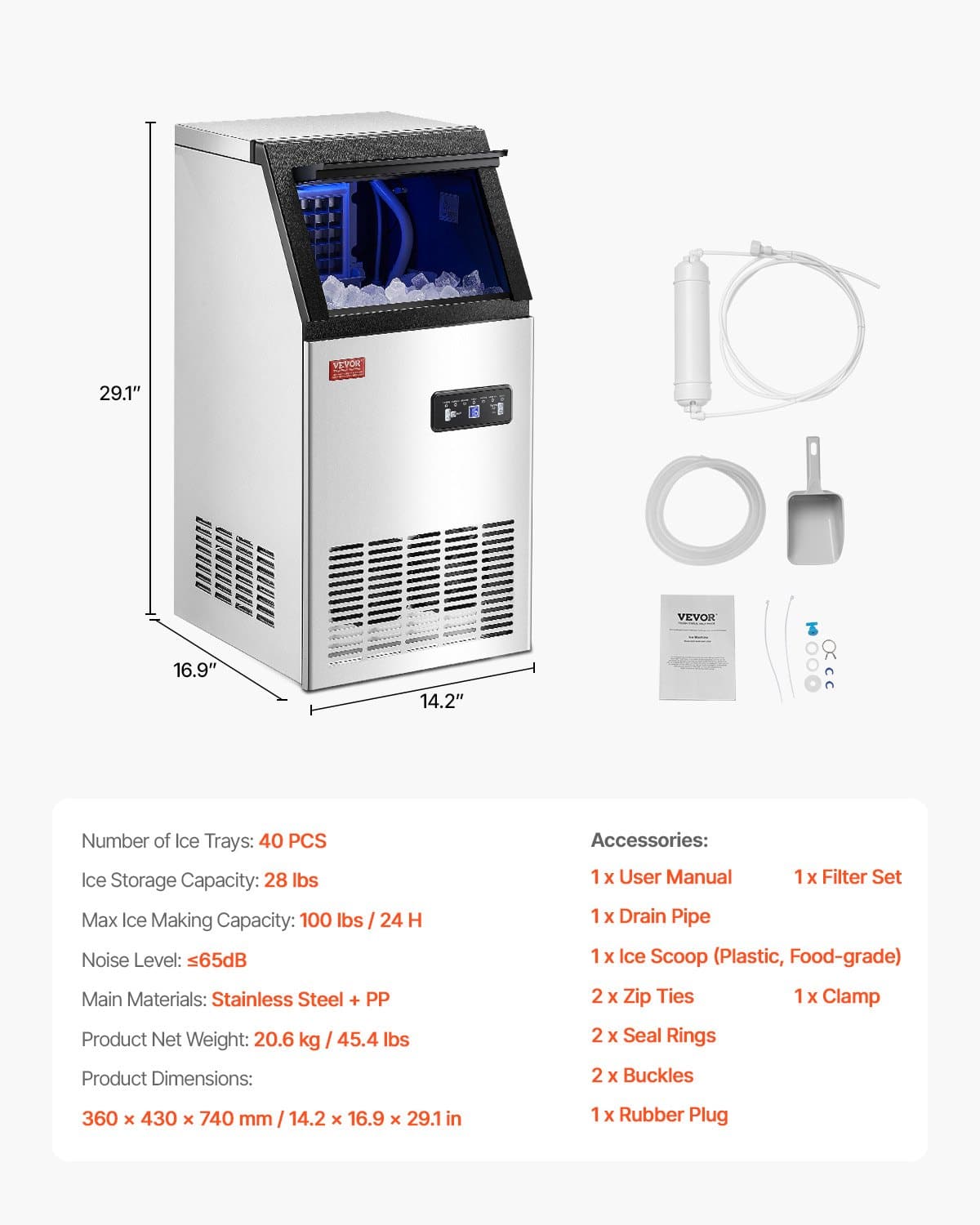 VEVOR Commercial Ice Maker 45kg/24H, 36 Cubes in 15min, 13kg Storage, Freestanding, LED Display, Self-Cleaning for Bar/Office — attēls 7