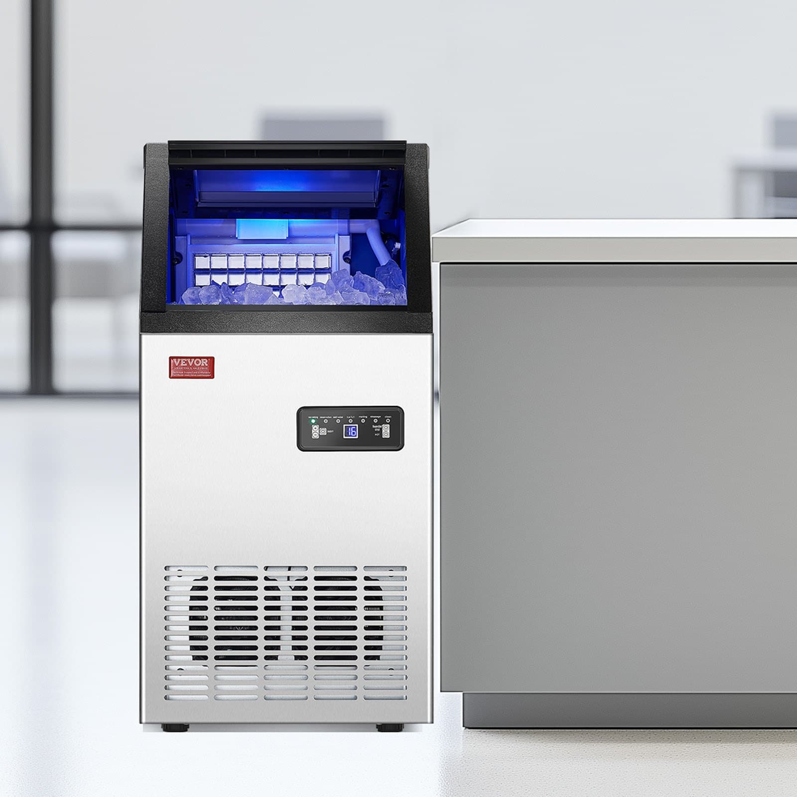 VEVOR Commercial Ice Maker 45kg/24H, 36 Cubes in 15min, 13kg Storage, Freestanding, LED Display, Self-Cleaning for Bar/Office — attēls 8