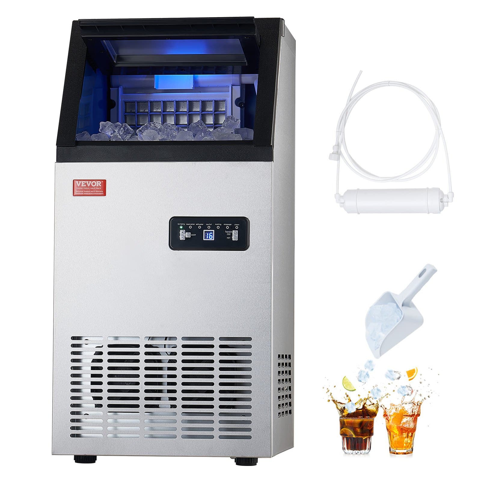 VEVOR Commercial Ice Maker 45kg/24H, 36 Cubes in 15min, 13kg Storage, Freestanding, LED Display, Self-Cleaning for Bar/Office — attēls 9