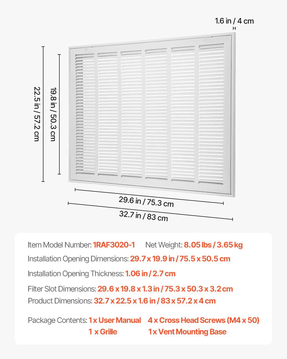 VEVOR Return Air Filter Grille for 76x51 cm Duct Opening, Steel Vent Cover with Detachable Door, Filter Not Included - Pilt 7
