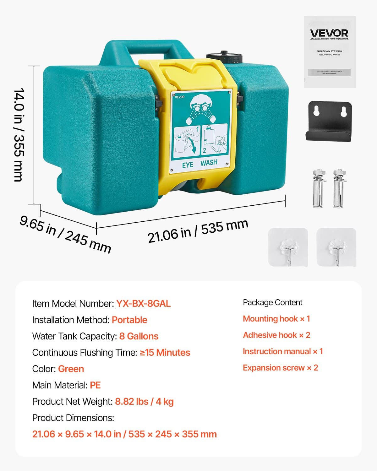 VEVOR 30L Portable Emergency Eye Wash Station, Wall-Mounted or Freestanding, OSHA & ANSI Certified, Green Eyewash Unit with 2 Sprays — attēls 7