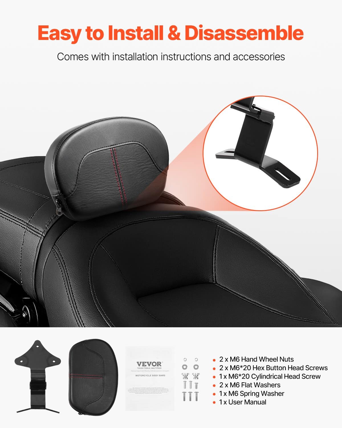 Detachable 310mm Motorcycle Backrest Sissy Bar for Harley Touring Street/Road Glide/King, Black, Waterproof & Ergonomic — attēls 5