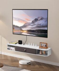 VEVOR 120 cm peldošs televizora statīvs, sienas montāžas multivides konsole ar uzglabāšanas skapi un kabeļa caurumu, balta daļiņu plāksne
