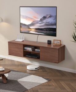VEVOR 152 cm peldoša TV iekārta ar bīdāmām durvīm, sienas montējama TV kumode ar plauktu uzglabāšanai, valriekstu krāsā