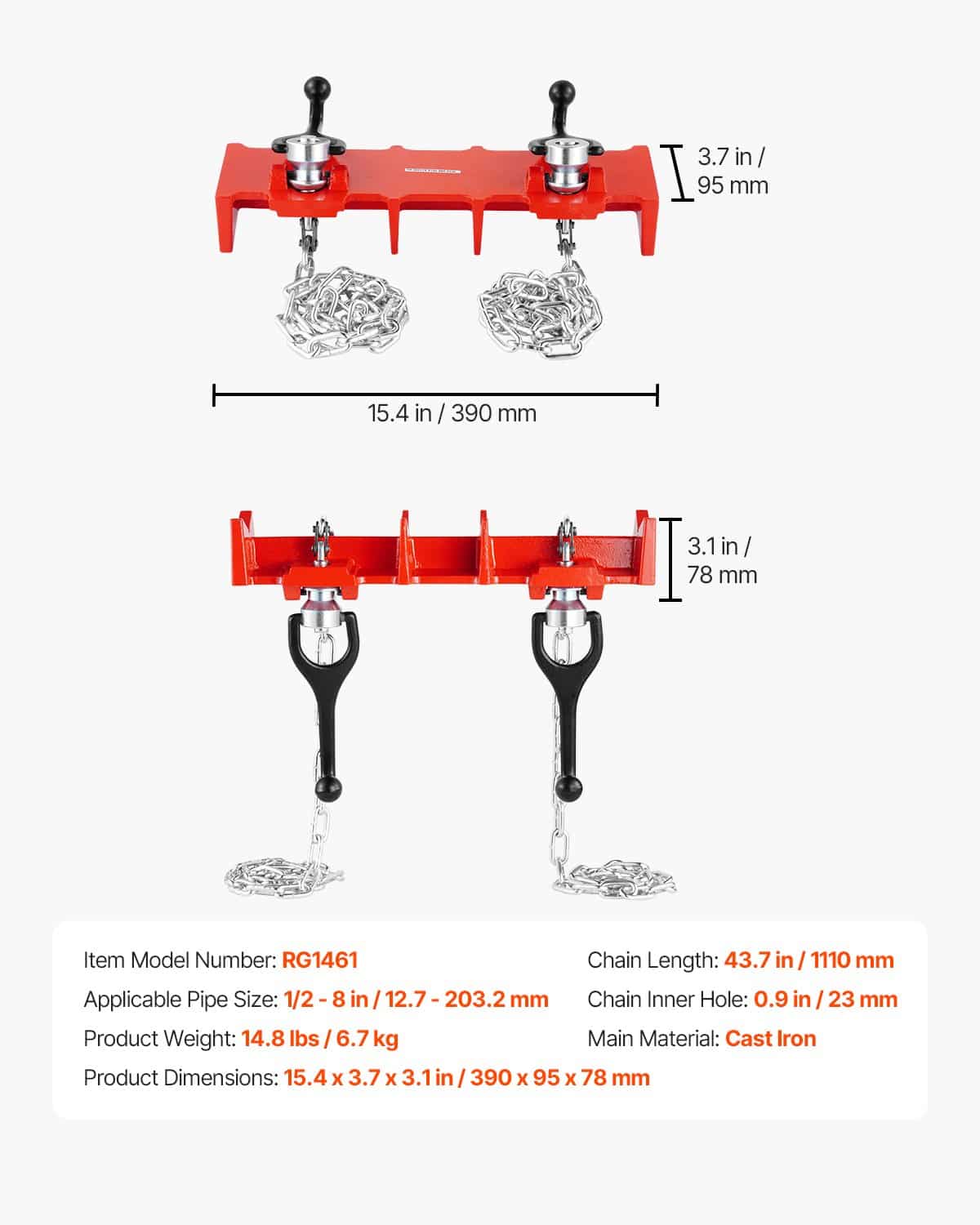VEVOR Heavy-Duty Pipe Welding Vise for 13–203 mm Pipes, Dual Chains & Crank Handles, Cast Iron Clamp Tool - Pilt 7