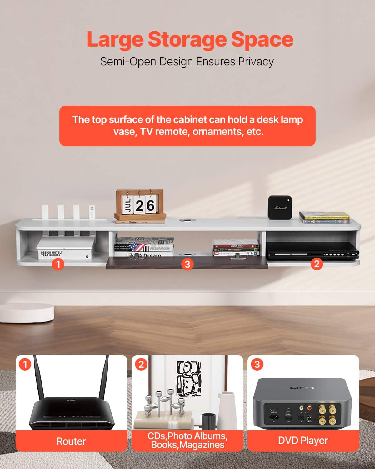 VEVOR 140 cm Floating TV Stand with Storage Cabinet, Wall-Mounted Entertainment Shelf, Particle Board, White — изображение 4