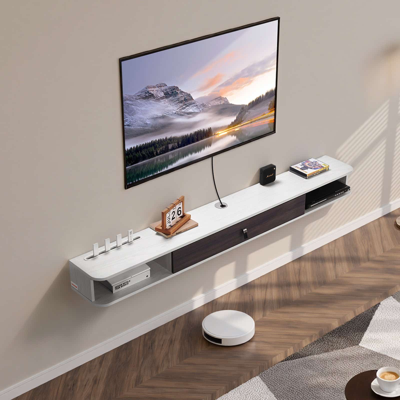 VEVOR 178 cm Wall-Mounted Floating TV Stand, White Entertainment Center with Storage Cabinet & Cable Holes, Particle Board - Image 8
