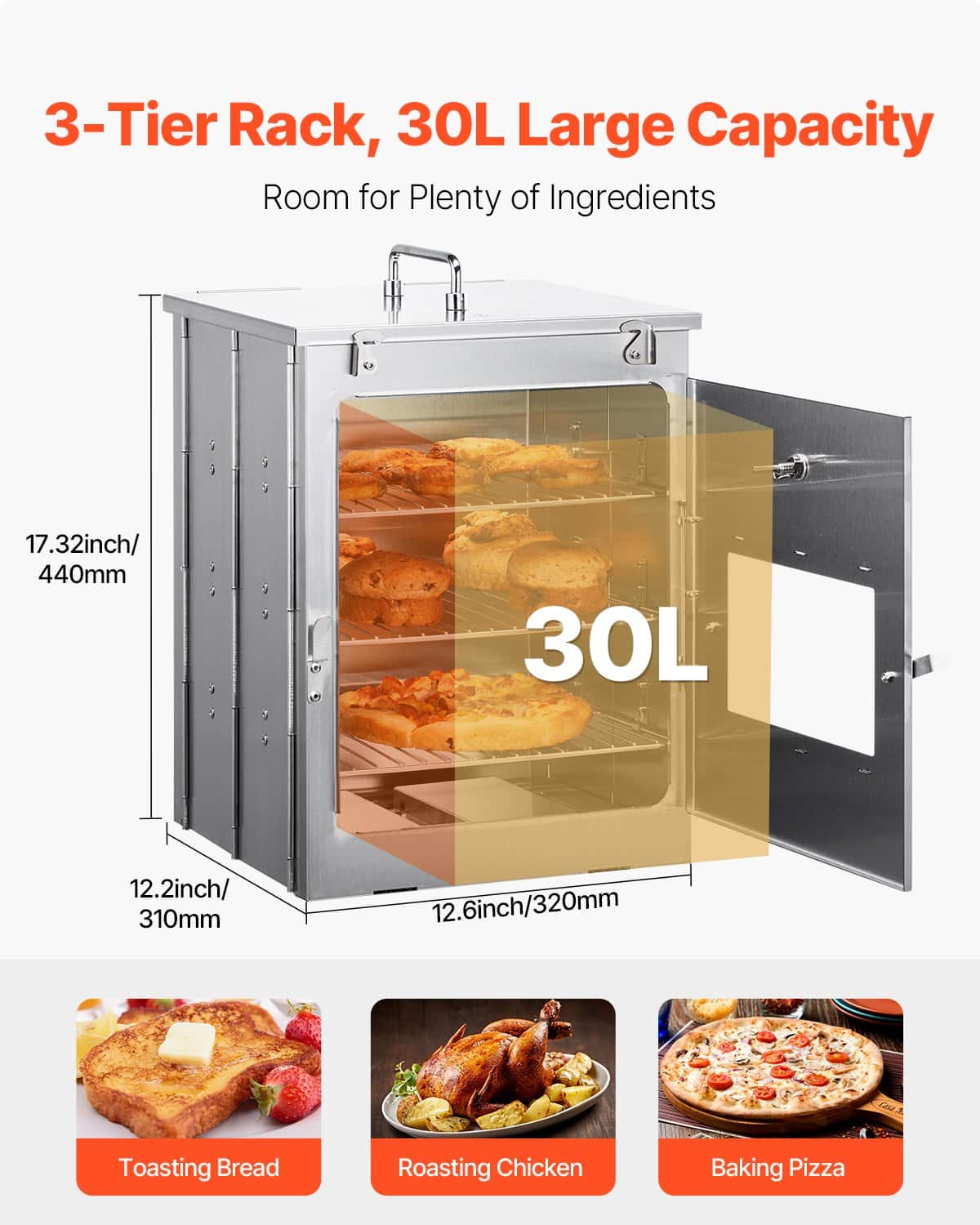 VEVOR Foldable Stainless Steel Camping Oven with 3-Tier Grill & Thermometer, for Bread, Pizza & Outdoor Cooking, 31x32x44 cm - Image 2
