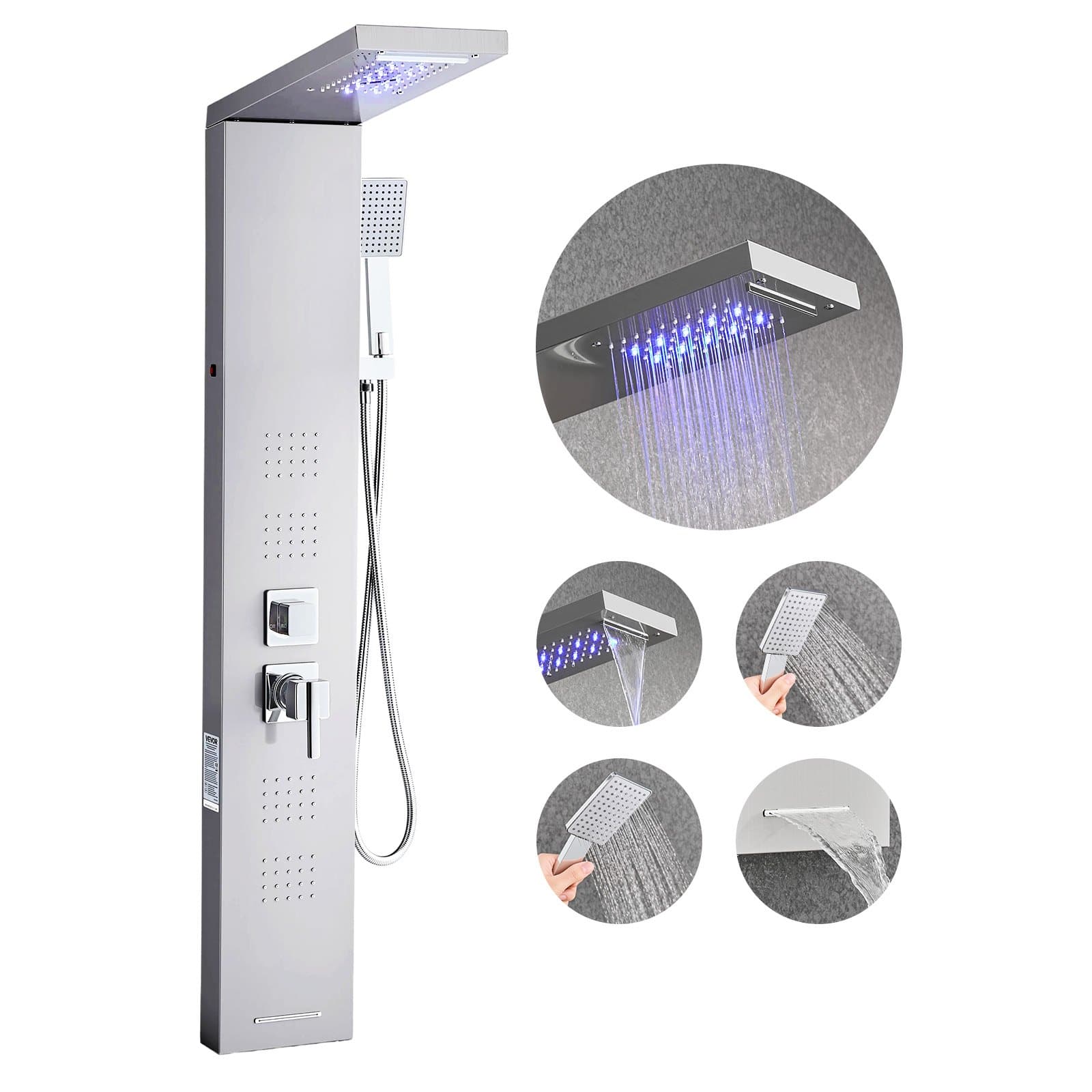 VEVOR 135 cm Stainless Steel 5-in-1 LED Shower Panel Tower with Rainfall, Waterfall, Massage Jets, Handheld & Tub Spout