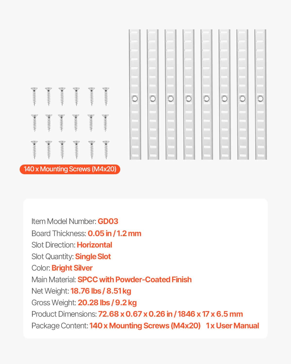 VEVOR 184.7 cm Adjustable Steel Shelf Pilaster Set, 20 Pack with 140 Screws, Wall Mount for Closet & Cabinet Organization – Paveikslėlis 7