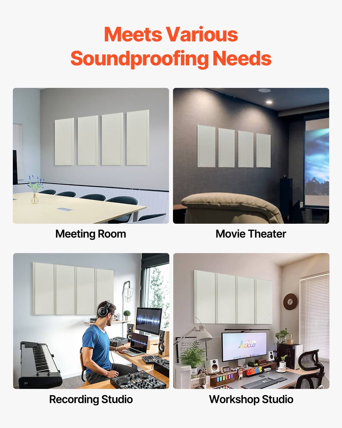 VEVOR 4PCS 60x30x5cm Fiberglass Acoustic Panels, Self-Adhesive Soundproof Wall Panels for Studio, Office, Home Theater - Beige - Pilt 5