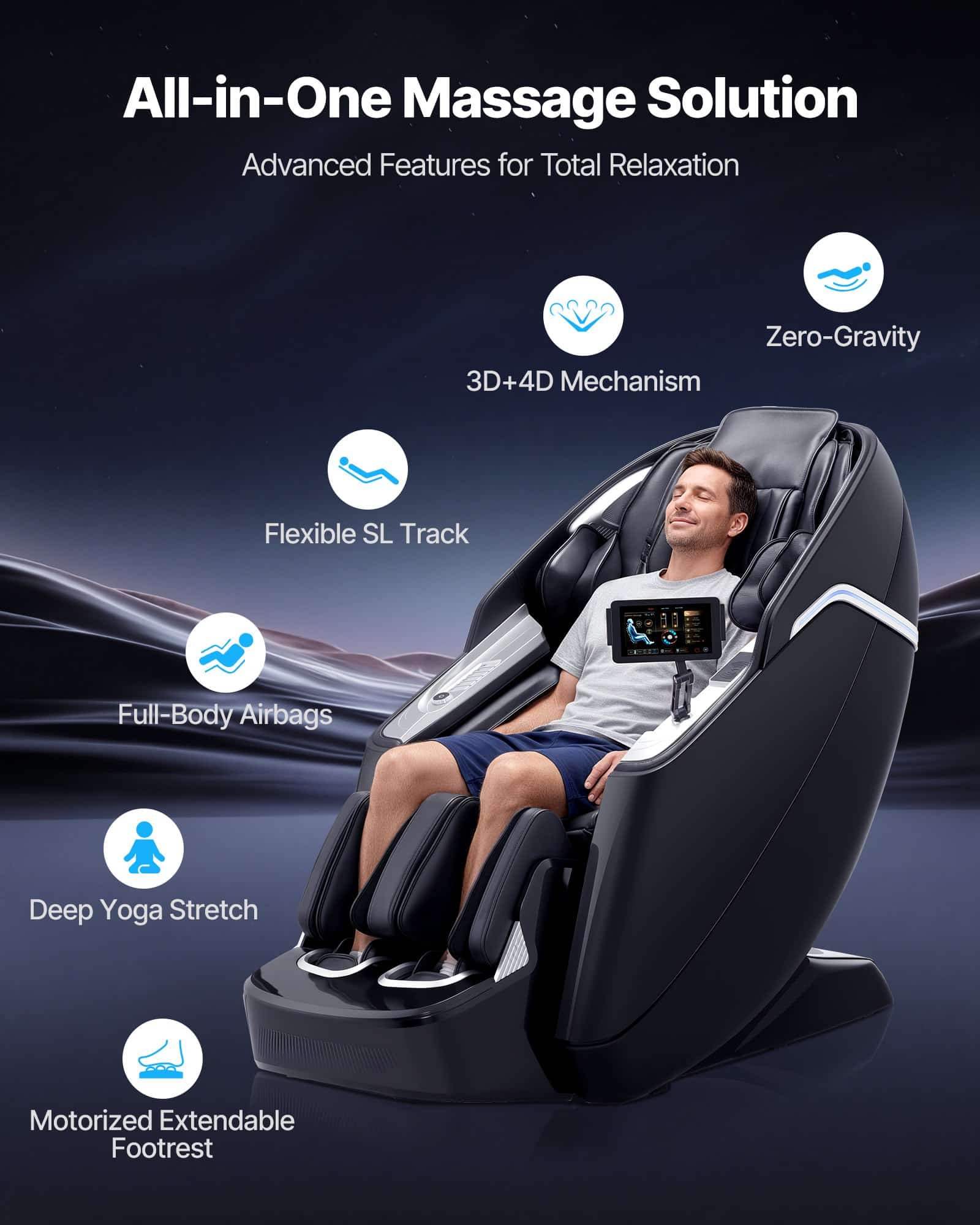 VEVOR Dual-Core 4D+3D Full Body Massage Chair with SL Track, Yoga Stretch, Heat, AI Voice, TFT, Airbags, Footrest — attēls 2
