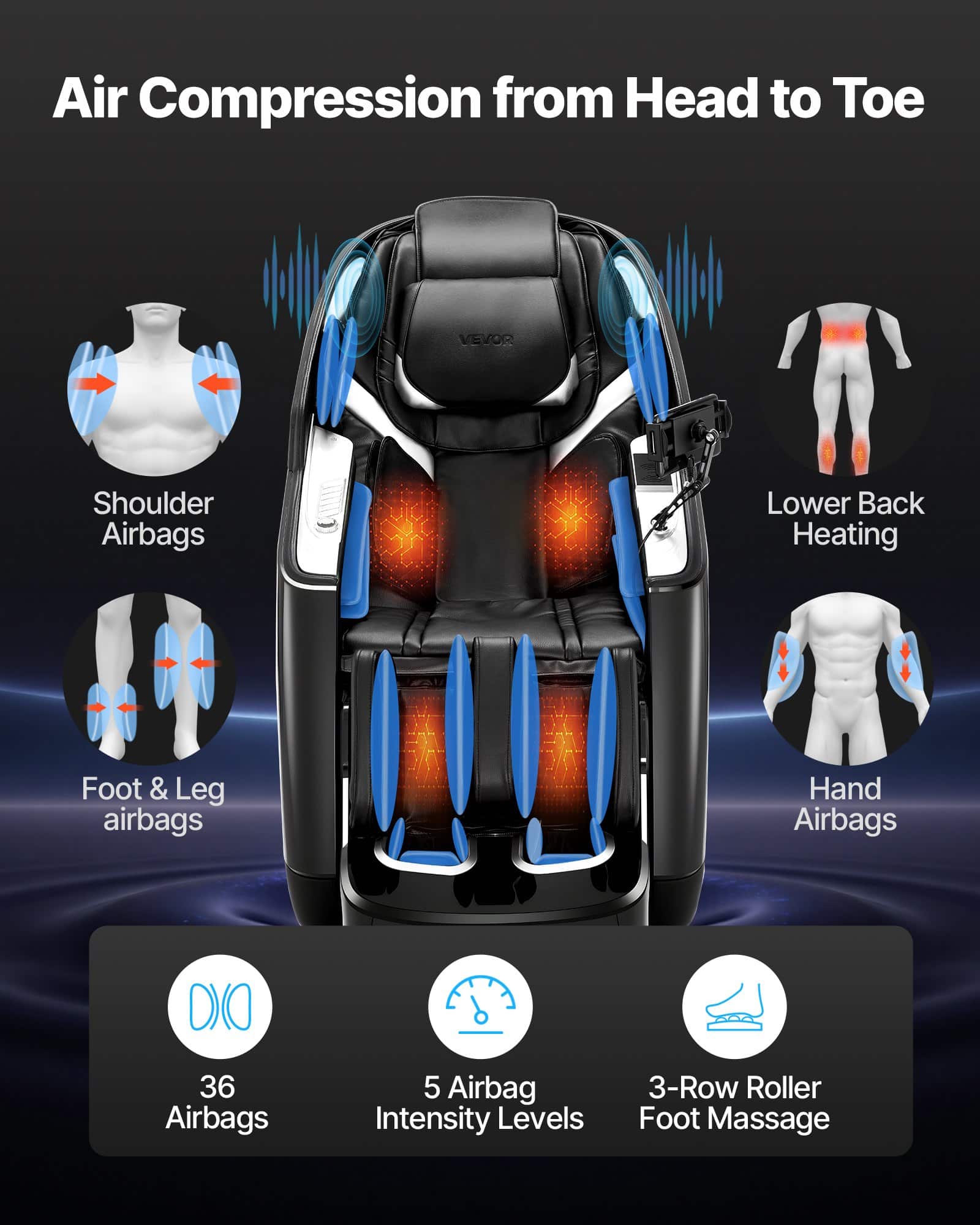 VEVOR Dual-Core 4D+3D Full Body Massage Chair with SL Track, Yoga Stretch, Heat, AI Voice, TFT, Airbags, Footrest — attēls 5
