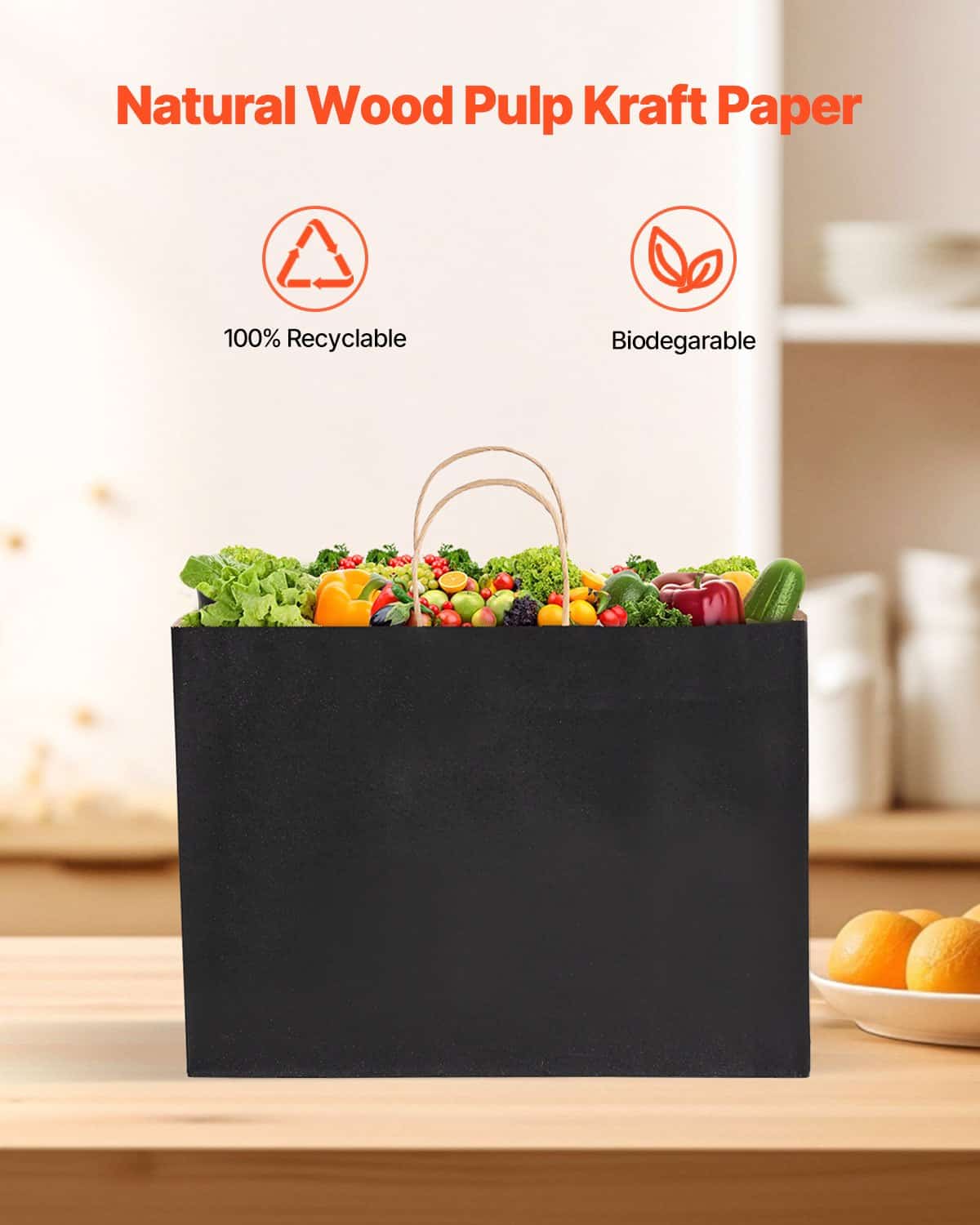 VEVOR 100 Black Kraft Paper Bags with Handles, 40x15x30cm, Reusable Recycled Gift & Shopping Bags, Heavy Duty, Customizable - Зображення 2
