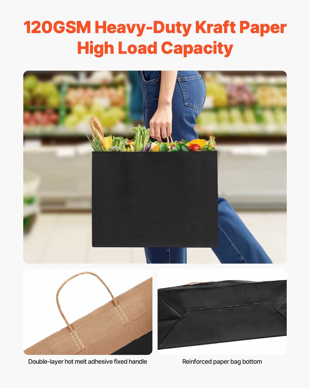 VEVOR 100 Black Kraft Paper Bags with Handles, 40x15x30cm, Reusable Recycled Gift & Shopping Bags, Heavy Duty, Customizable - Зображення 3