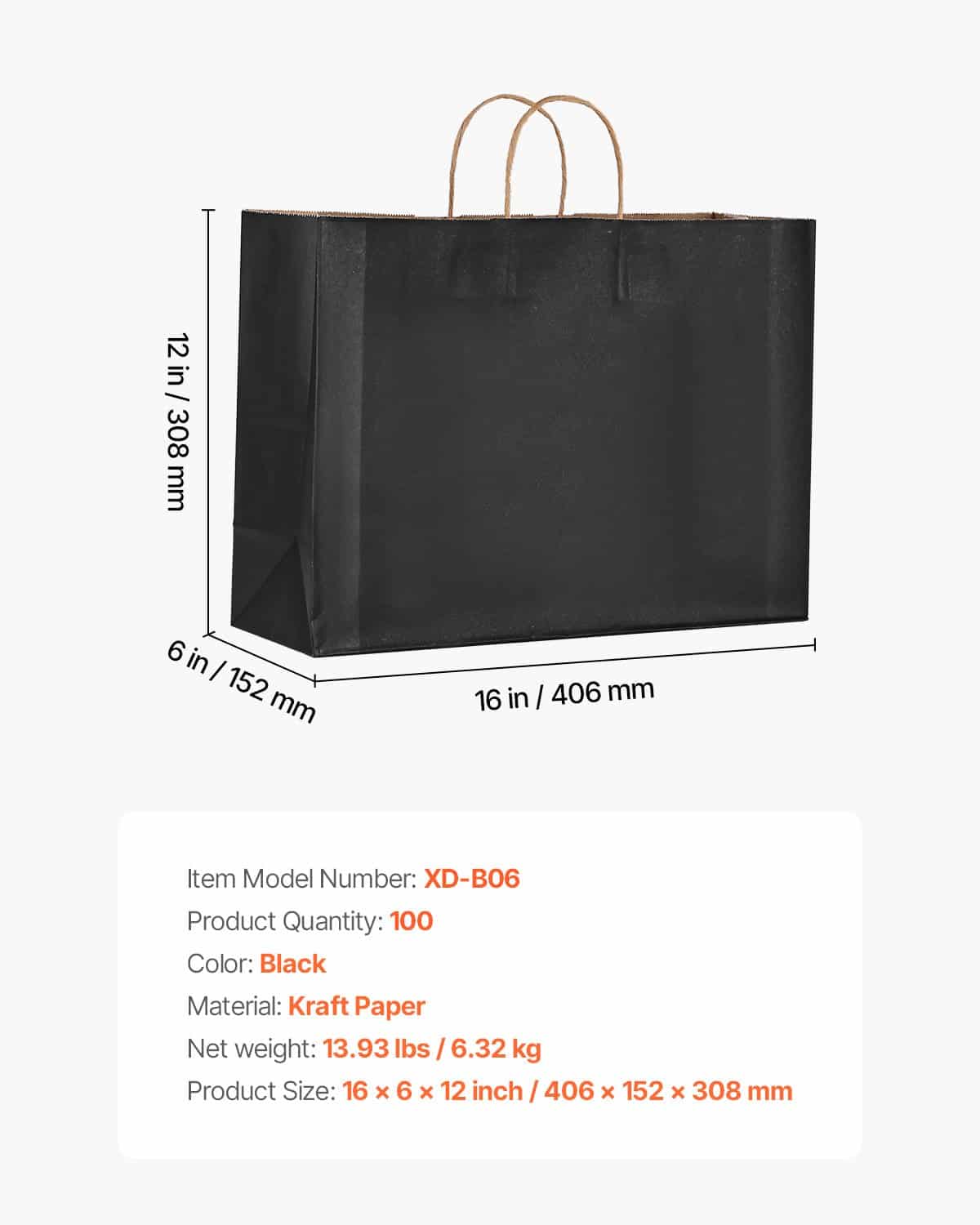 VEVOR 100 Black Kraft Paper Bags with Handles, 40x15x30cm, Reusable Recycled Gift & Shopping Bags, Heavy Duty, Customizable - Зображення 7