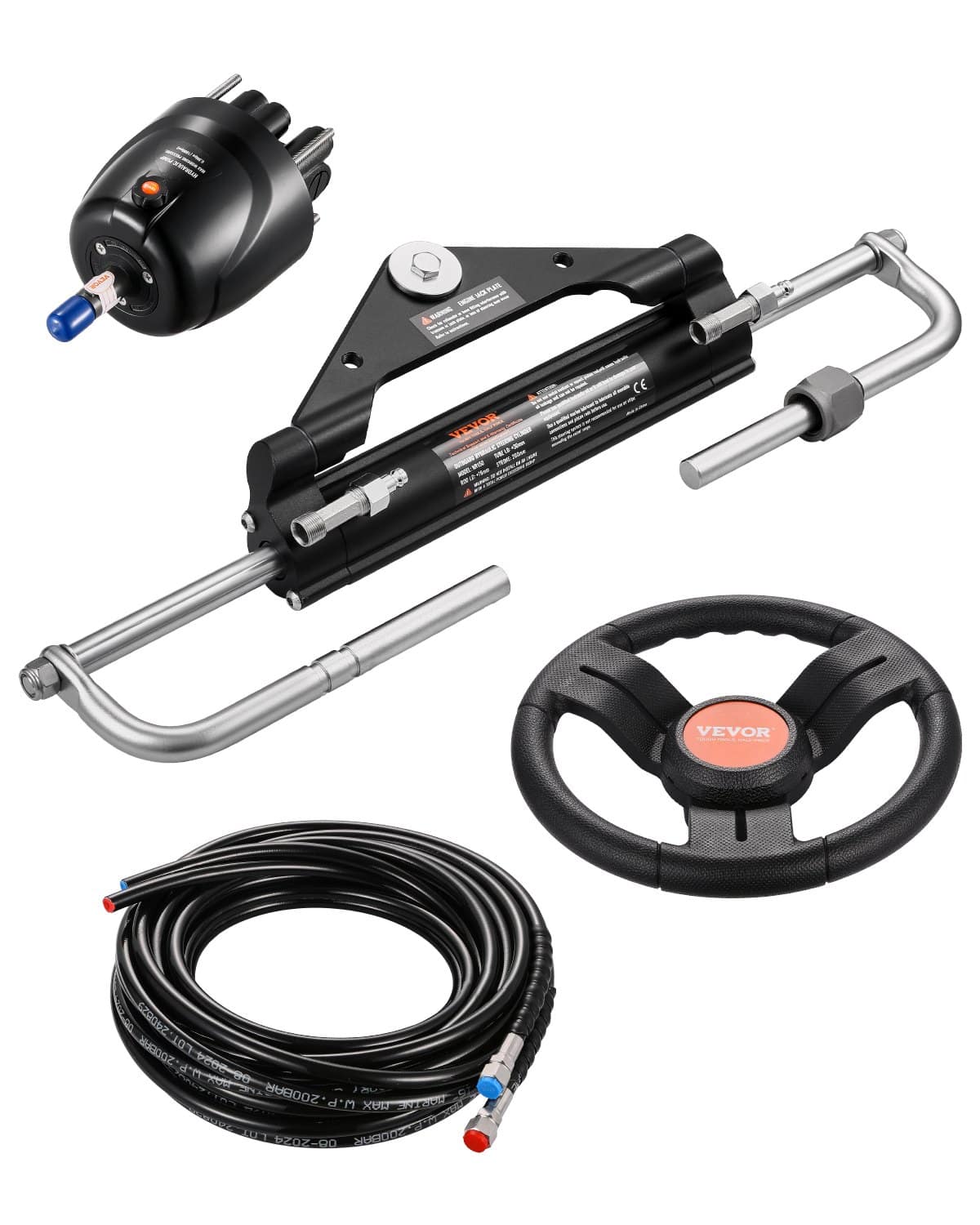 VEVOR Marine Hydraulic Steering Kit for 150HP Outboard Engines, 34cm Wheel, Helm Pump, Cylinder & 2×8m Hoses for Single Engines