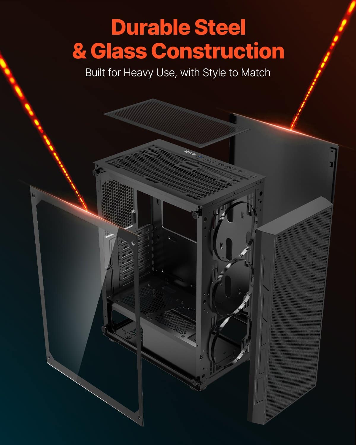 VEVOR Mid-Tower PC Gaming Case with Tempered Glass, 3×120mm ARGB Fans, Supports ATX/M-ATX/ITX, GPU up to 320mm, Dust Filter - Зображення 6