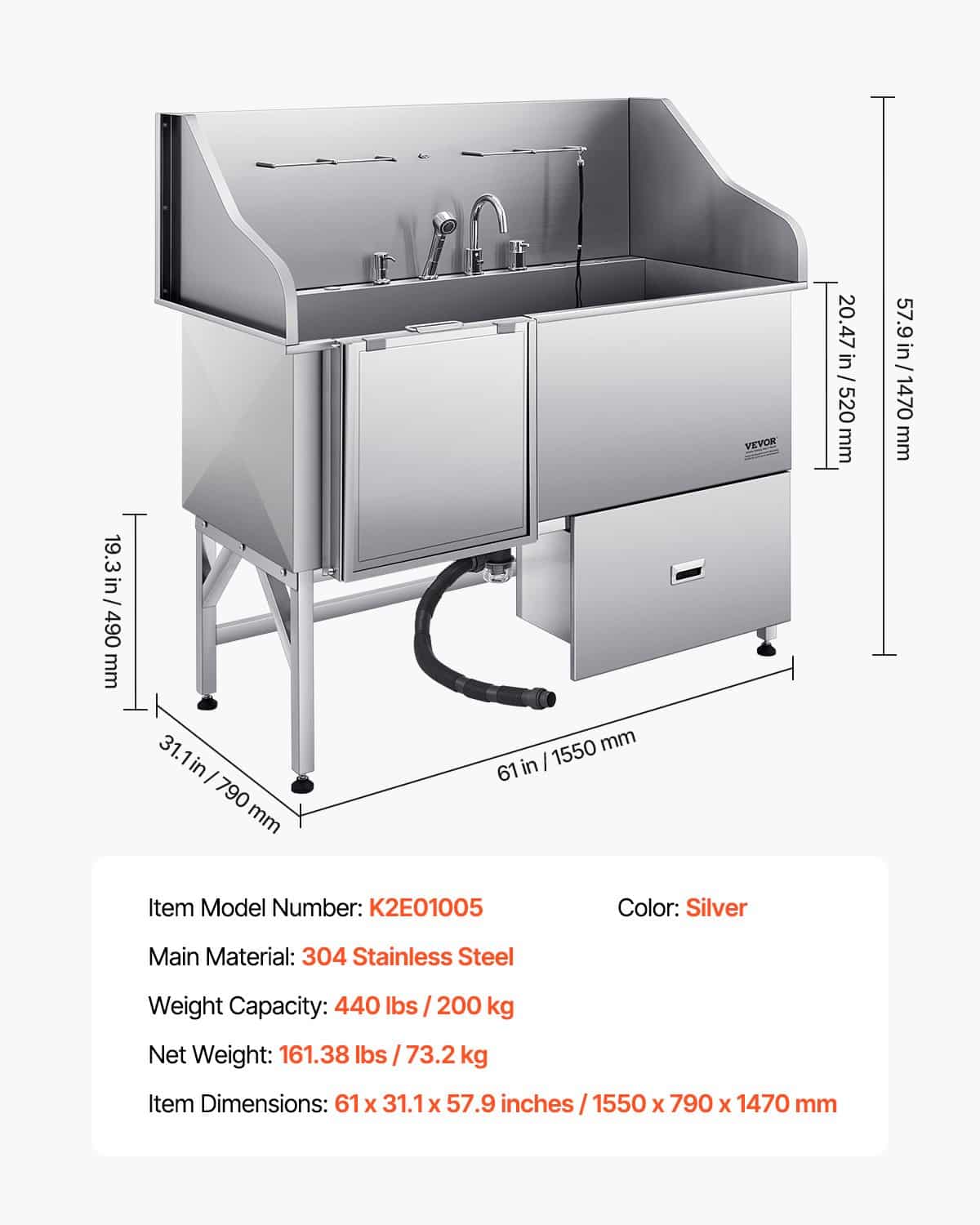 VEVOR 304 Stainless Steel Dog Washing Station 154.9 cm – Grooming Tub with Foldable Ramp, Faucet, Storage, All Sizes (Left Door) — изображение 7