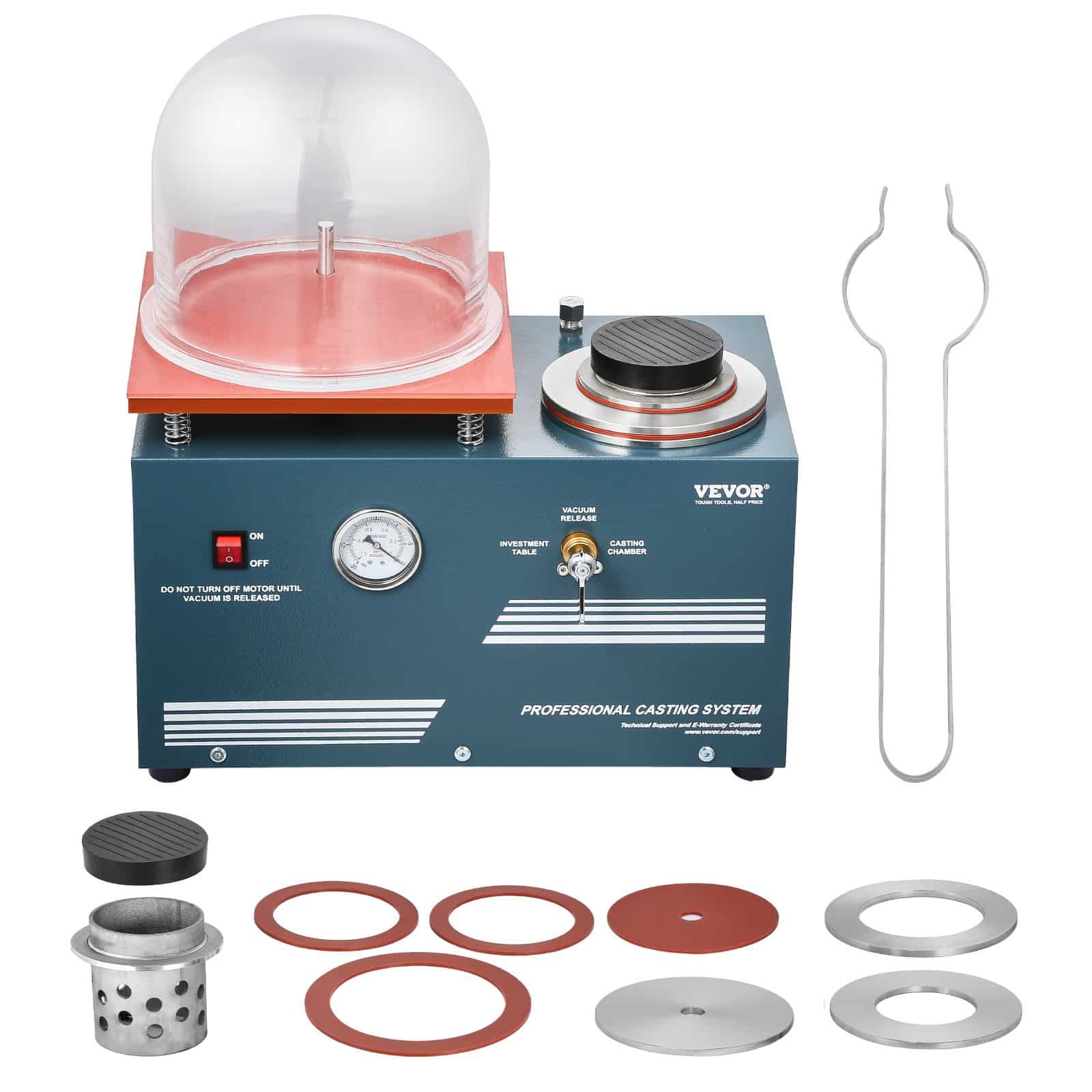 VEVOR Vacuum Casting Machine 290W with 3 CFM Pump, Bell Jar, Pressure Gauge, 280x280 mm Table for Jewelry & Metal Casting