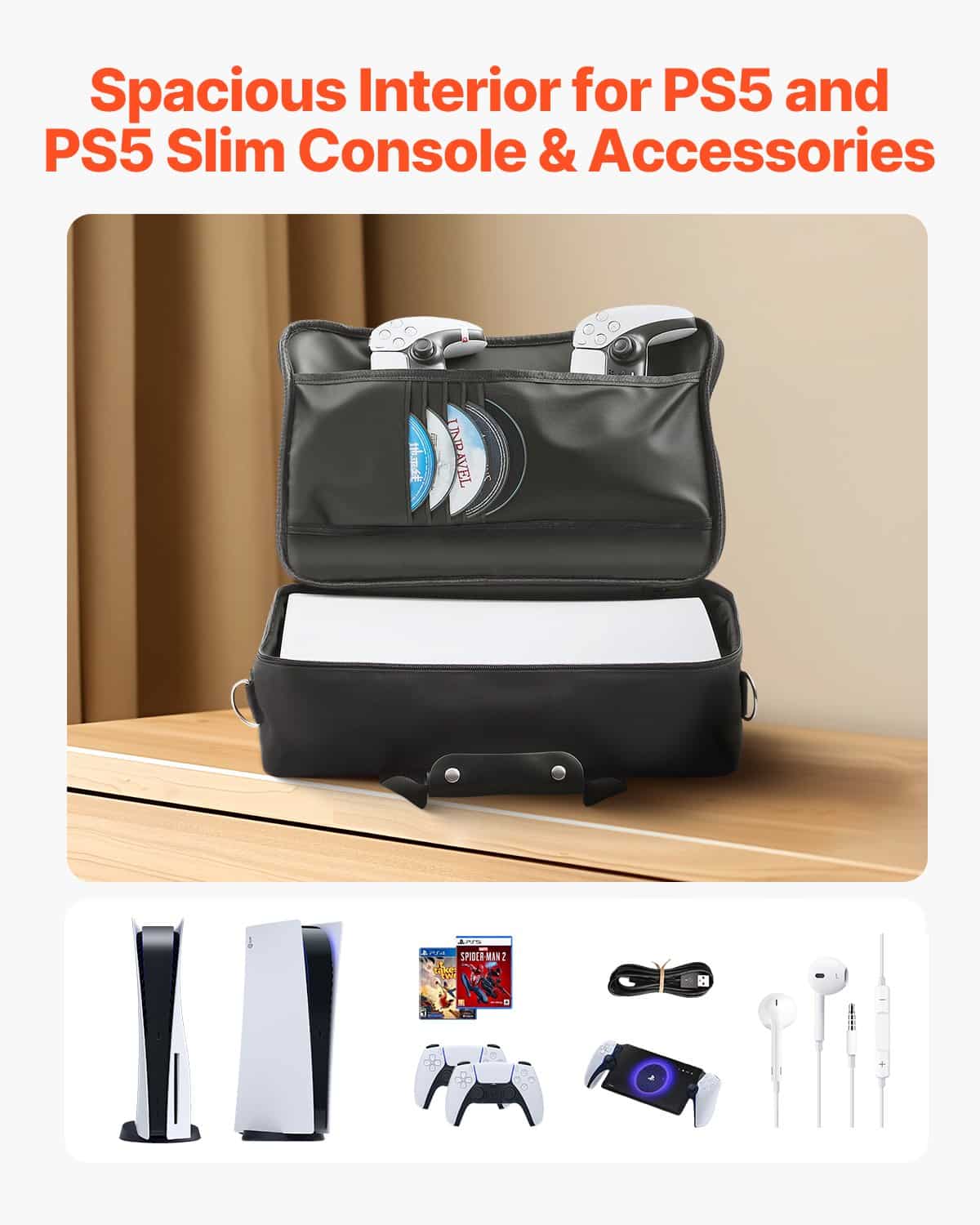 VEVOR PS5 Carrying Case for PS5 & PS5 Slim – Waterproof Nylon Travel Bag with Soft Lining, Padded Dividers & Large Storage — attēls 3