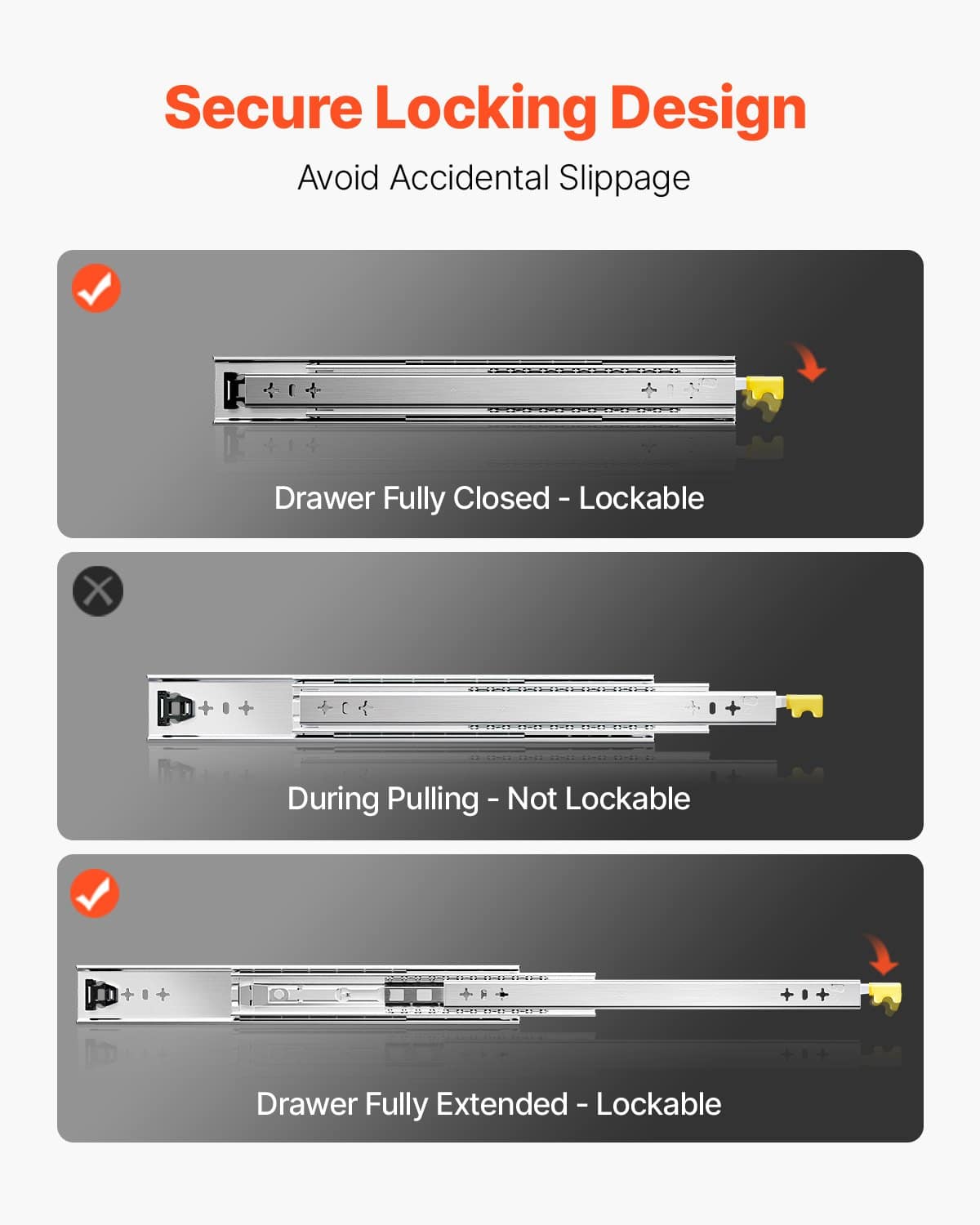VEVOR Heavy-Duty Locking Drawer Slides, 1 Pair, Full Extension, 250 lbs Load, Ball Bearing, Steel, 630 mm, Side Mount – Paveikslėlis 3