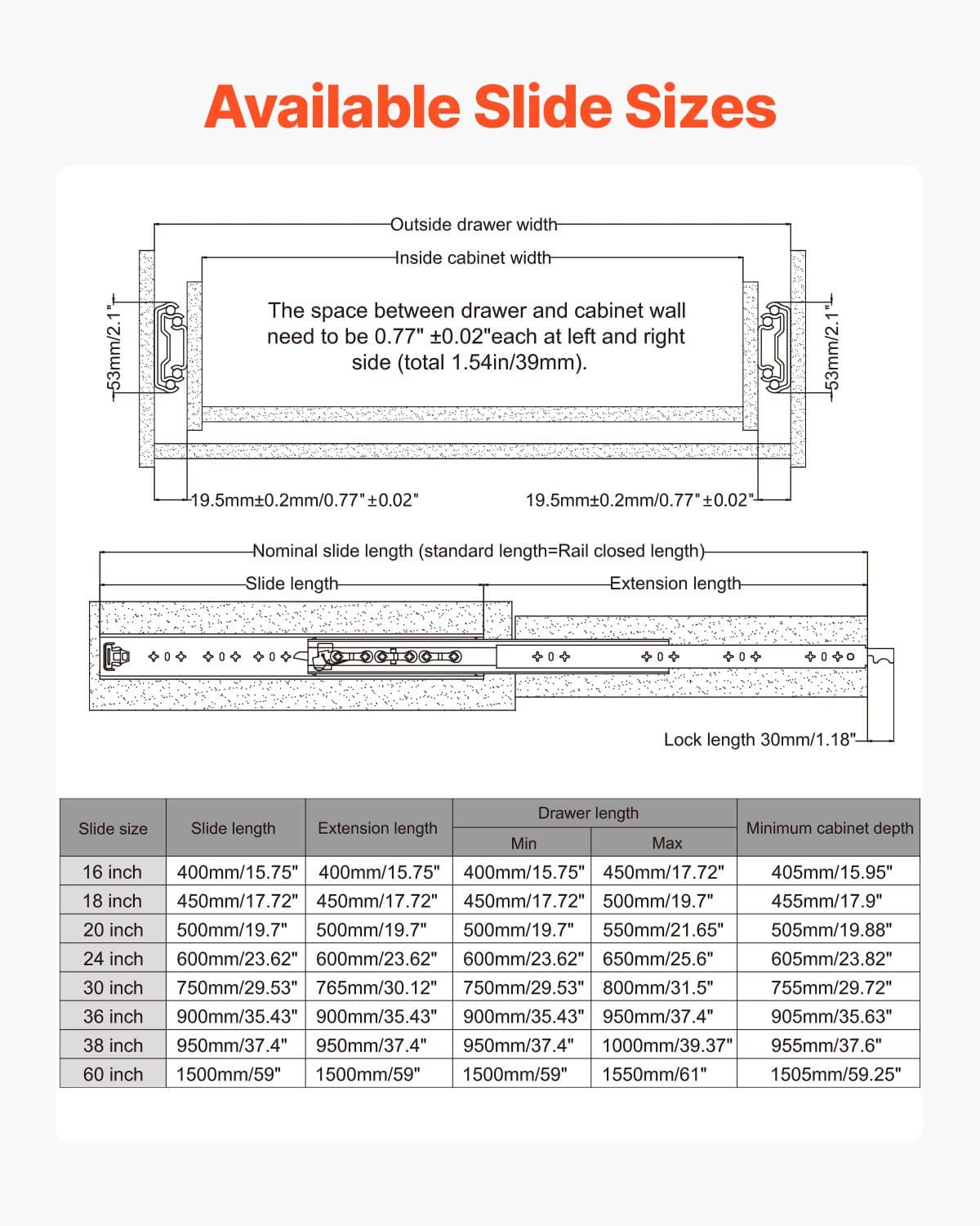 VEVOR Heavy-Duty Locking Drawer Slides, 1 Pair, Full Extension, 250 lbs Load, Ball Bearing, Steel, 630 mm, Side Mount – Paveikslėlis 6
