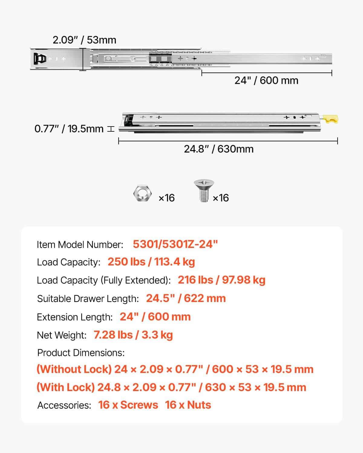 VEVOR Heavy-Duty Locking Drawer Slides, 1 Pair, Full Extension, 250 lbs Load, Ball Bearing, Steel, 630 mm, Side Mount – Paveikslėlis 7