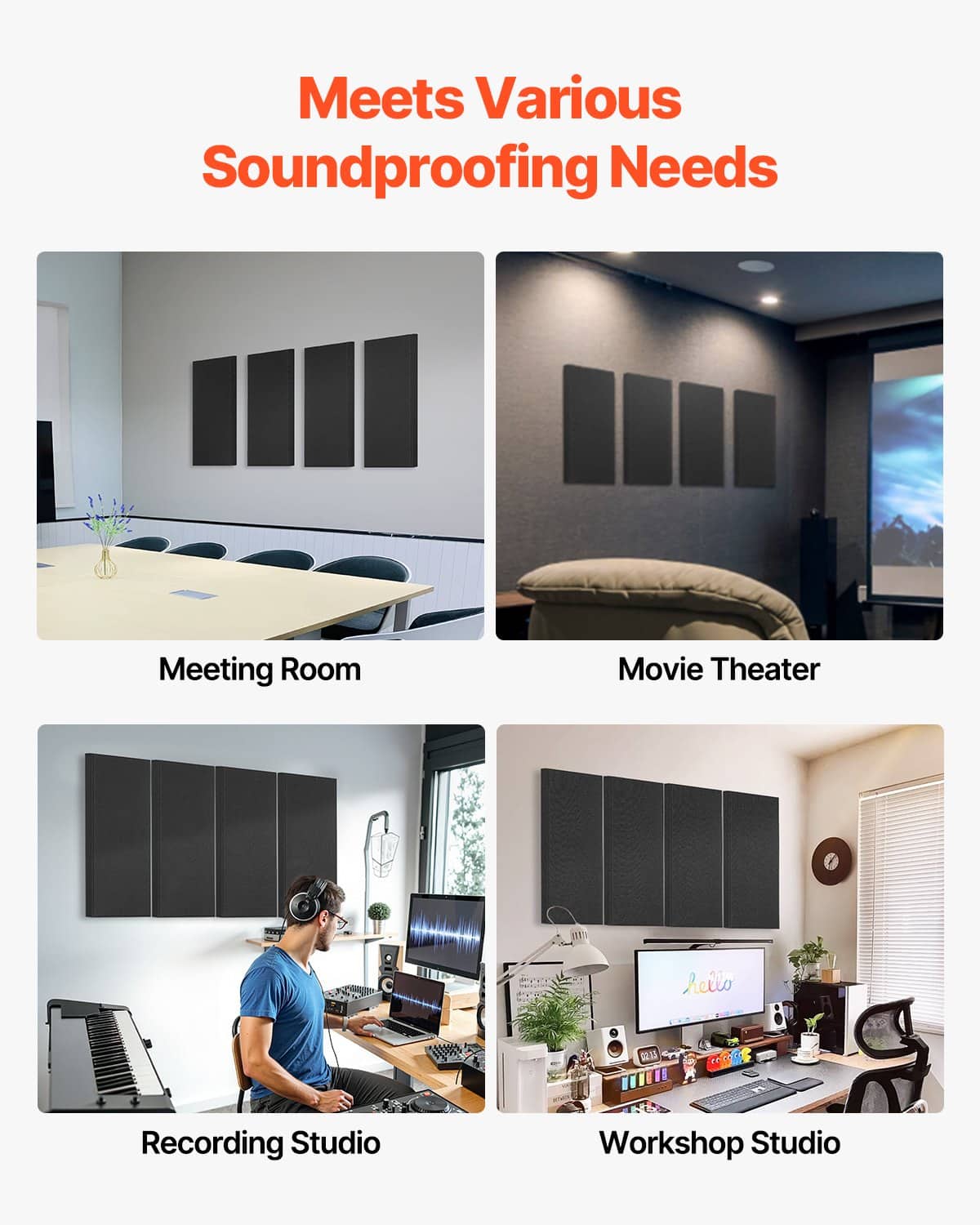 VEVOR 4 PCS 60x30x5 cm Self-Adhesive Fiberglass Acoustic Panels, High NRC Soundproofing for Studio, Office, Home, Black - Pilt 5