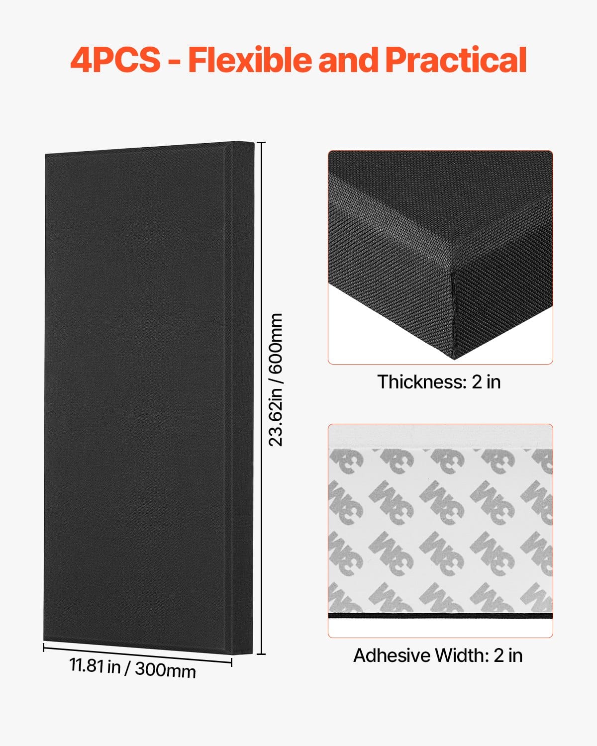 VEVOR 4 PCS 60x30x5 cm Self-Adhesive Fiberglass Acoustic Panels, High NRC Soundproofing for Studio, Office, Home, Black - Pilt 6