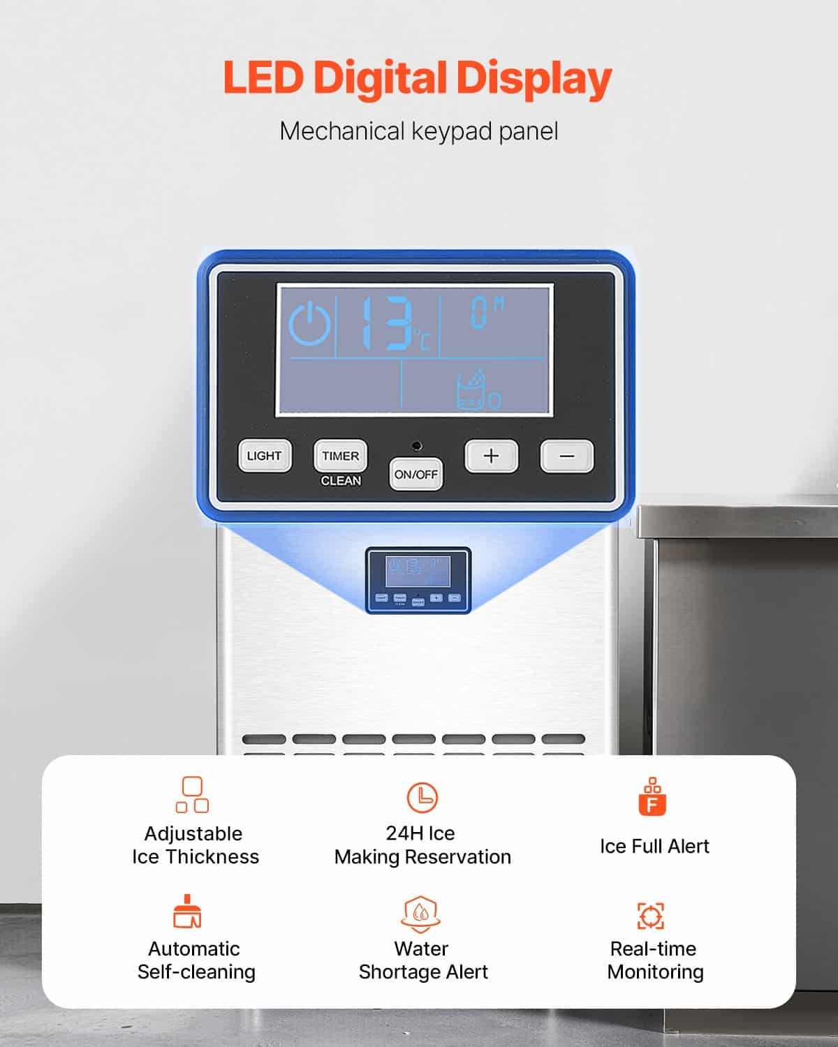VEVOR 45-Tray Commercial Ice Maker, 45 Ice Cubes in 15 Min, 45kg/24h Output, 15kg Storage, LED Display, Self-Cleaning, with Drain Pump — изображение 4