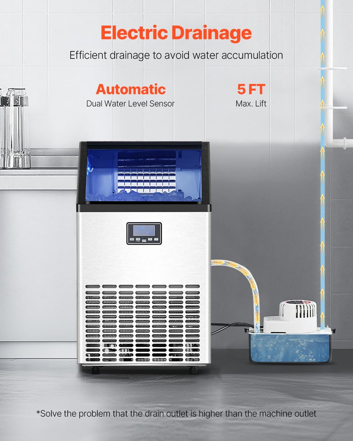 VEVOR 45-Tray Commercial Ice Maker, 45 Ice Cubes in 15 Min, 45kg/24h Output, 15kg Storage, LED Display, Self-Cleaning, with Drain Pump — изображение 6