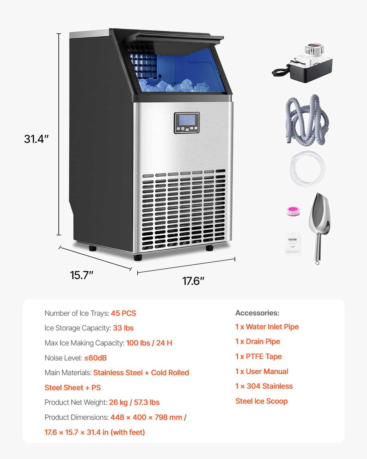 VEVOR 45-Tray Commercial Ice Maker, 45 Ice Cubes in 15 Min, 45kg/24h Output, 15kg Storage, LED Display, Self-Cleaning, with Drain Pump — изображение 7