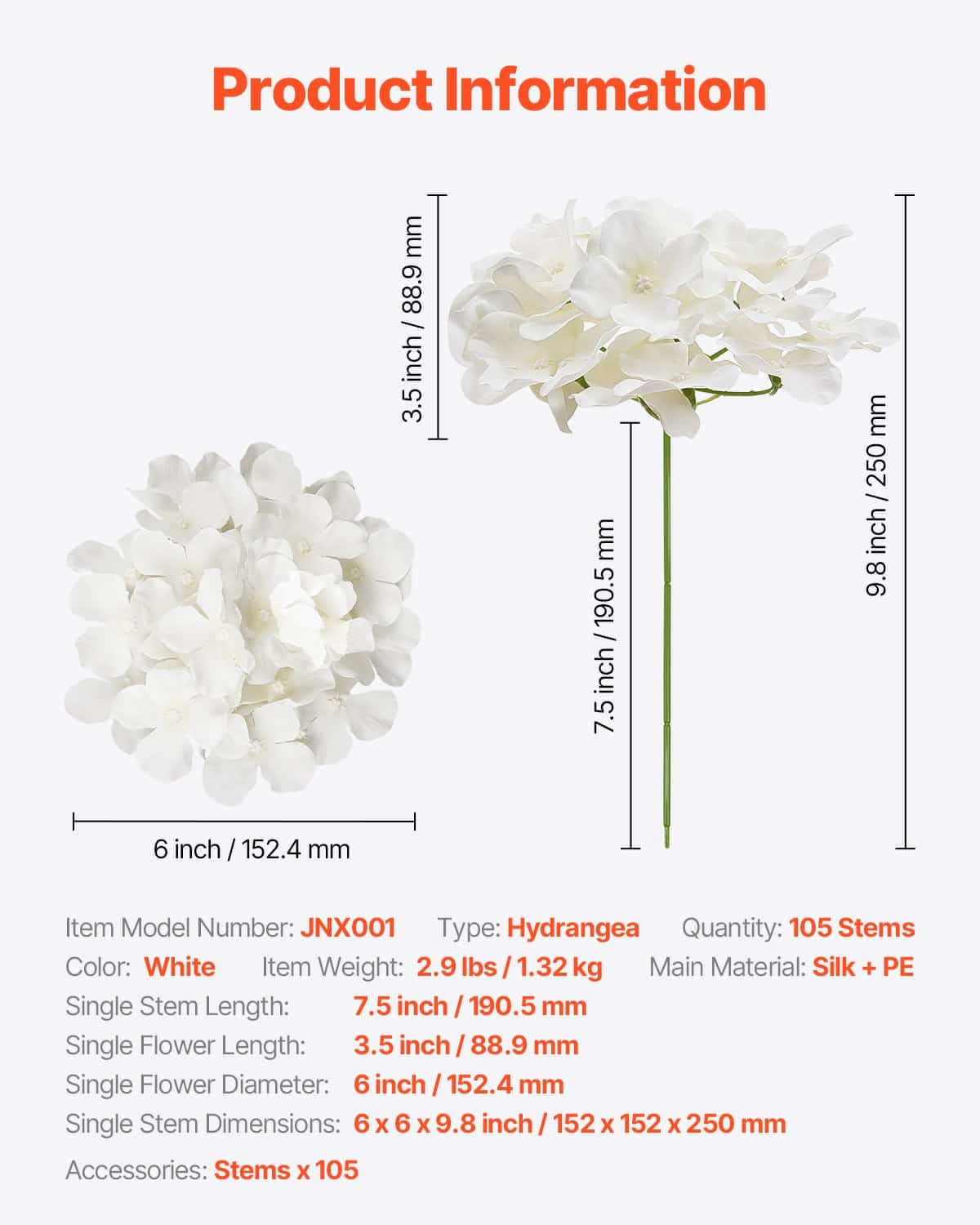 VEVOR 105 White Silk Artificial Hydrangea Flowers with Stems – Realistic, DIY Wedding Bouquets & Home Decoration — изображение 7