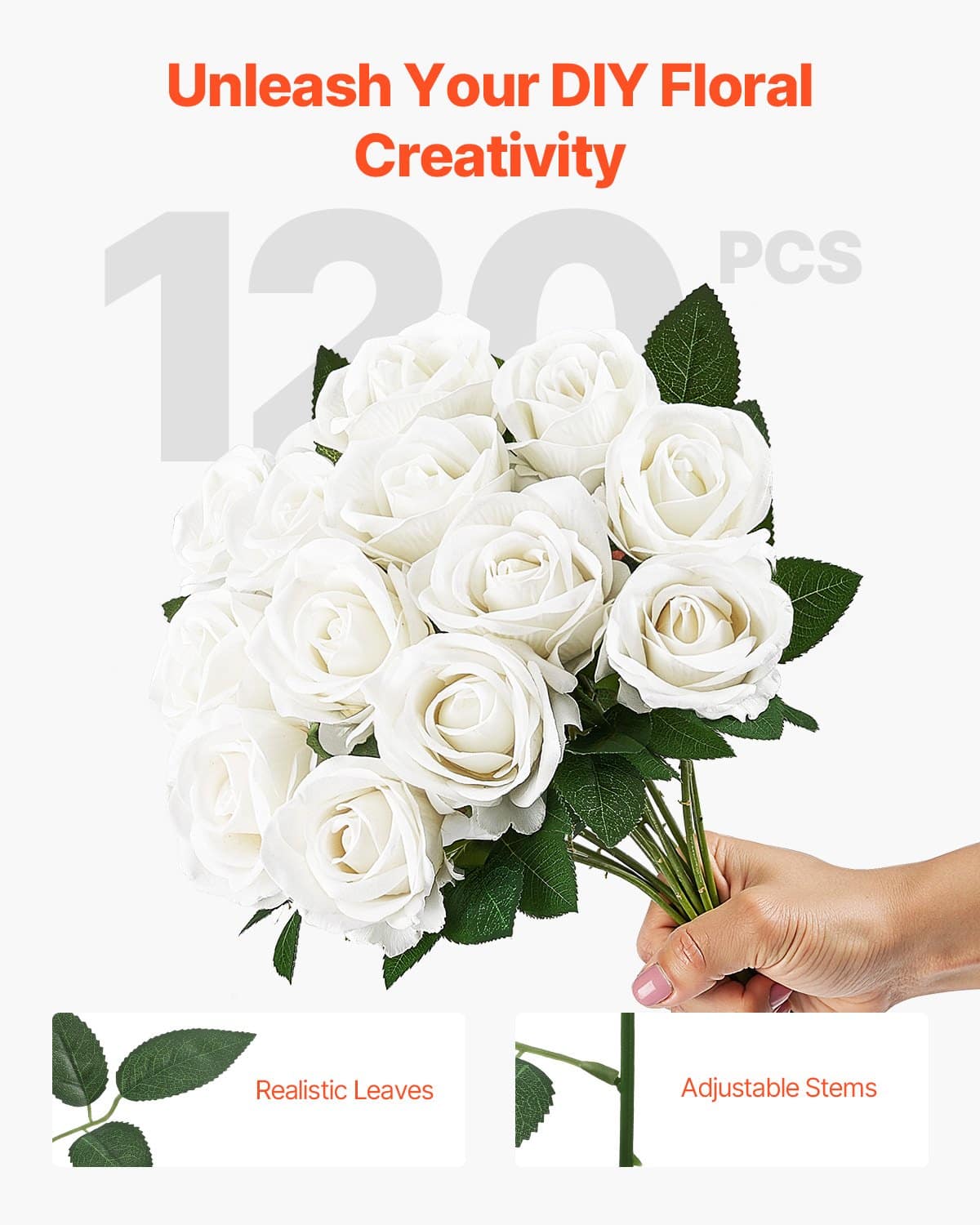 VEVOR 120 White Artificial Foam Roses with Stems – Realistic 7 cm Flowers for Wedding Bouquets, Home & Party Decor - Pilt 4
