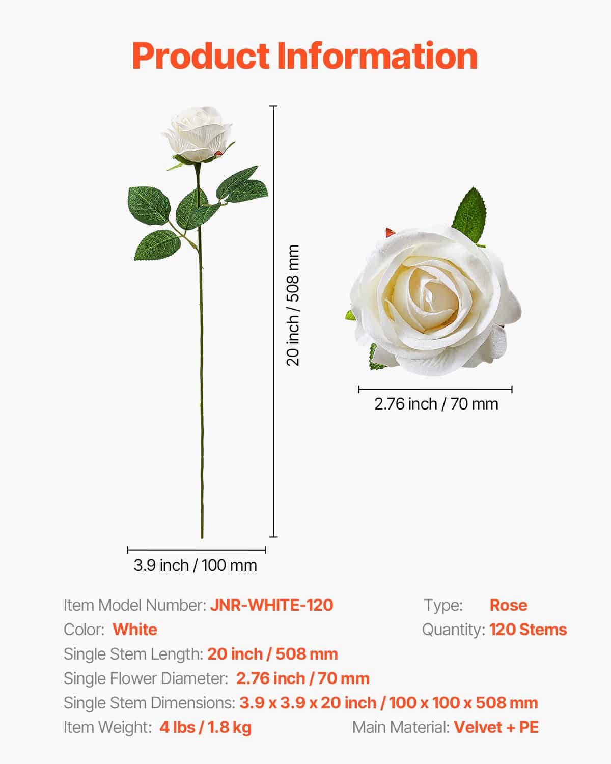 VEVOR 120 White Artificial Foam Roses with Stems – Realistic 7 cm Flowers for Wedding Bouquets, Home & Party Decor - Pilt 7