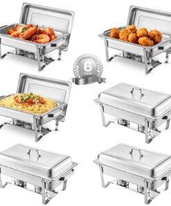 VEVOR 6-Pack 7.6L Stainless Steel Chafing Dish Set with Full-Size Pans & Fuel Holders for Catering, Weddings, Parties - Silver