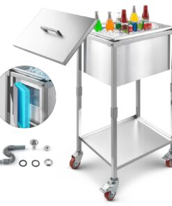 VEVOR 31L Stainless Steel Rolling Ice Chest Cooler Cart with Shelf, Insulated Outdoor Trolley on Wheels for Party & Patio Use
