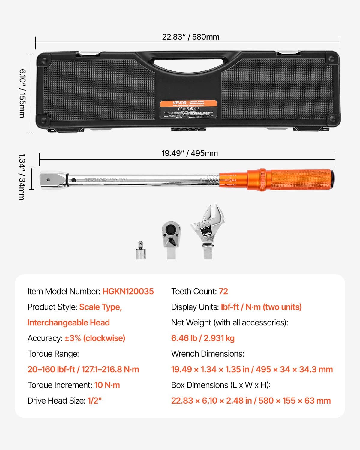 VEVOR Adjustable Click Torque Wrench 1/2" Drive, 27.1–216.8 Nm, ±2% Accuracy, Dual Heads, 72-Tooth, Dual Scale, Toolbox Included — attēls 7